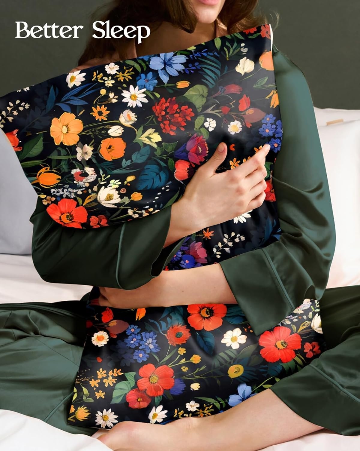 image:imageMiss Adola 2 Pack Silk Pillowcases Standard Size 20 x 26 Inch Silky Pillow Cases for Hair and Skin Soft Smooth Cooling Aesthetic Bed Sleeping Pillow Covers with Zipper for Women Green ArtBlack Floral