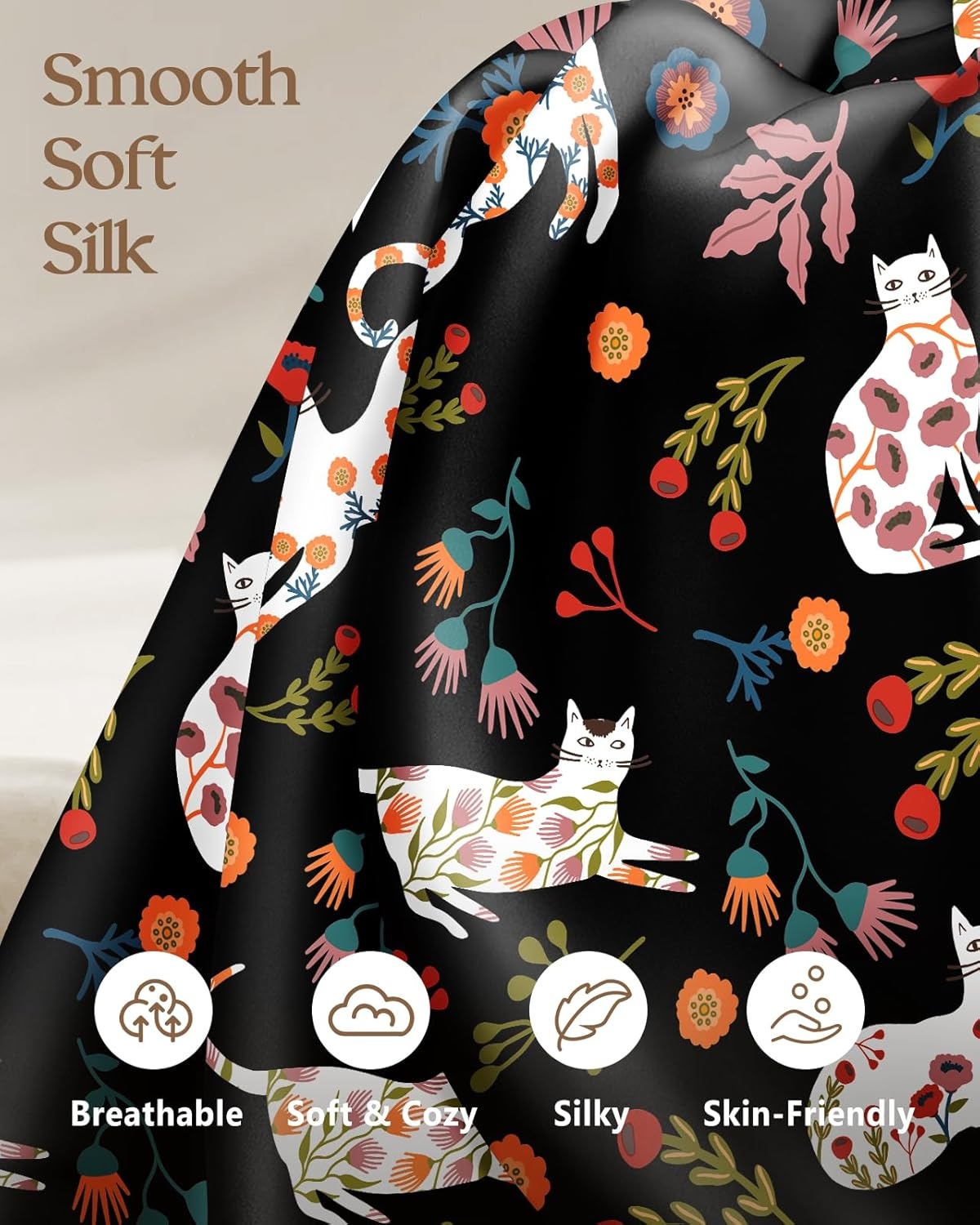 image:imageMiss Adola 2 Pack Silk Pillowcases Standard Size 20 x 26 Inch Silky Pillow Cases for Hair and Skin Soft Smooth Cooling Aesthetic Bed Sleeping Pillow Covers with Zipper for Women Green ArtBlack Flower Cats