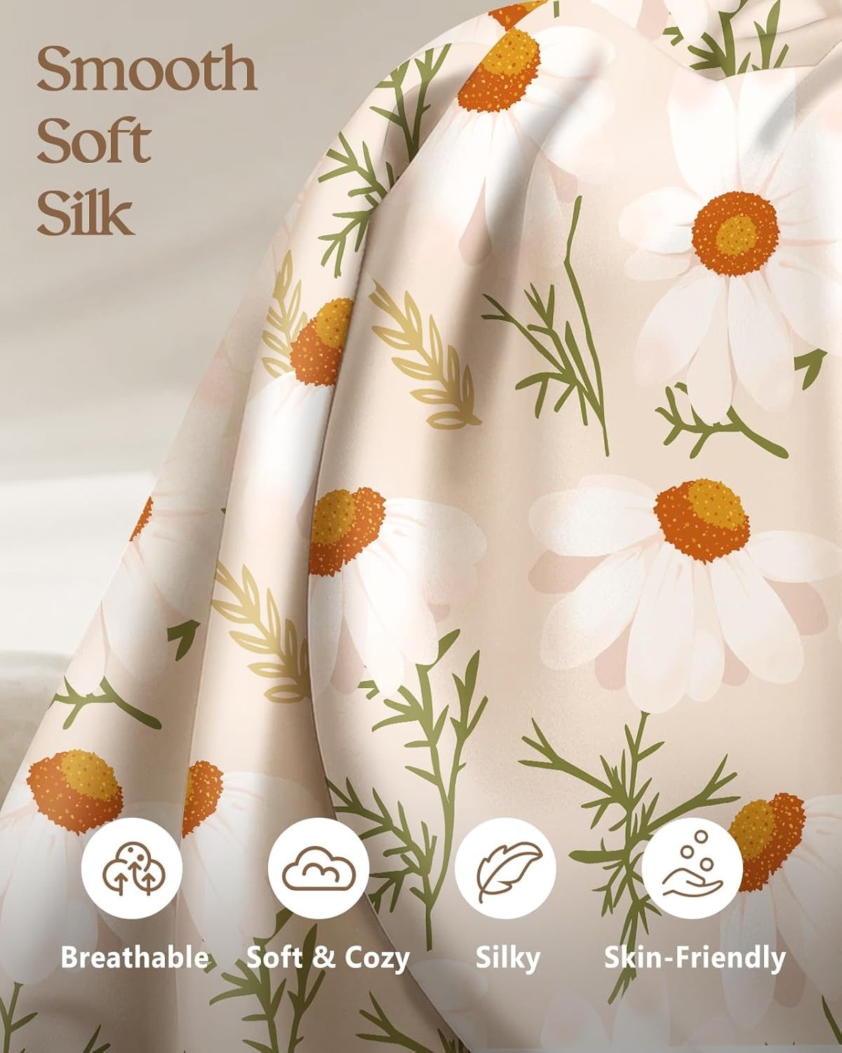 image:imageMiss Adola 2 Pack Silk Pillowcases Standard Size 20 x 26 Inch Silky Pillow Cases for Hair and Skin Soft Smooth Cooling Aesthetic Bed Sleeping Pillow Covers with Zipper for Women Green ArtFull Daisy