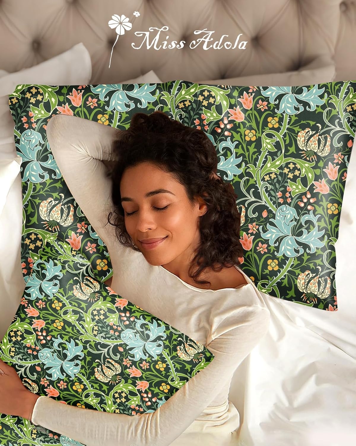 image:imageMiss Adola 2 Pack Silk Pillowcases Standard Size 20 x 26 Inch Silky Pillow Cases for Hair and Skin Soft Smooth Cooling Aesthetic Bed Sleeping Pillow Covers with Zipper for Women Green ArtGreen Art