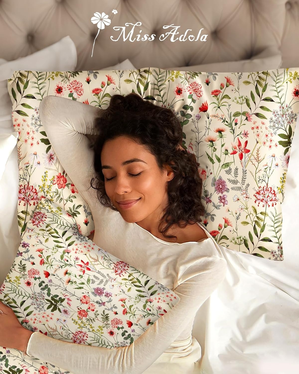 image:imageMiss Adola 2 Pack Silk Pillowcases Standard Size 20 x 26 Inch Silky Pillow Cases for Hair and Skin Soft Smooth Cooling Aesthetic Bed Sleeping Pillow Covers with Zipper for Women Green ArtFlower Shrubs