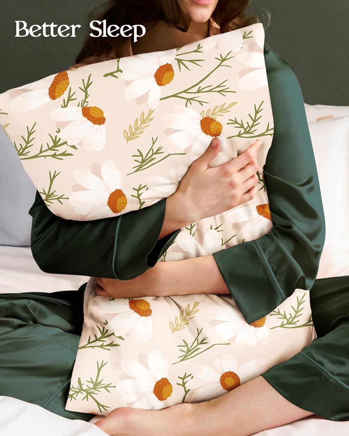 image:imageMiss Adola 2 Pack Silk Pillowcases Standard Size 20 x 26 Inch Silky Pillow Cases for Hair and Skin Soft Smooth Cooling Aesthetic Bed Sleeping Pillow Covers with Zipper for Women Green ArtFull Daisy