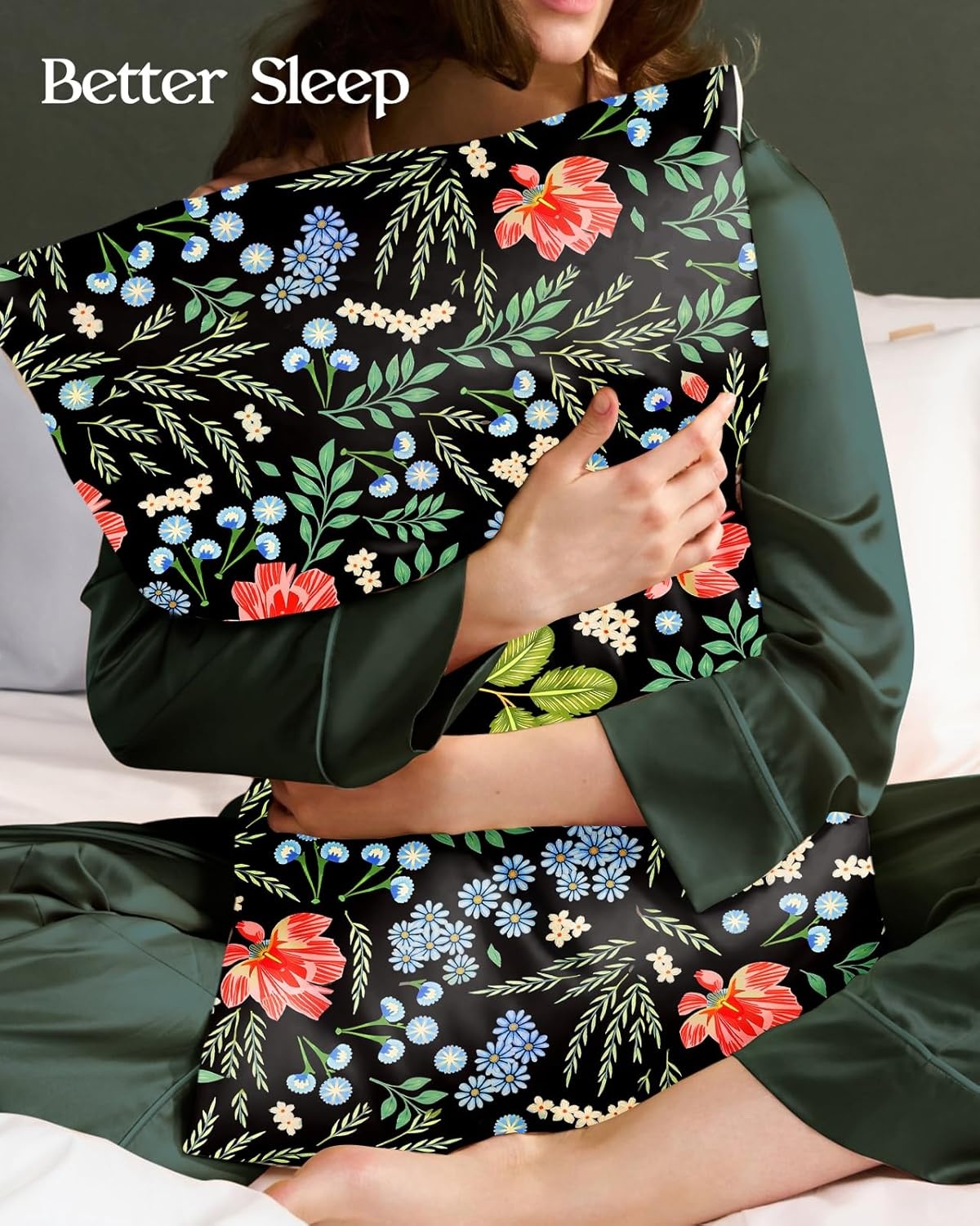 image:imageMiss Adola 2 Pack Silk Pillowcases Standard Size 20 x 26 Inch Silky Pillow Cases for Hair and Skin Soft Smooth Cooling Aesthetic Bed Sleeping Pillow Covers with Zipper for Women Green ArtBlack Leaf Flowers