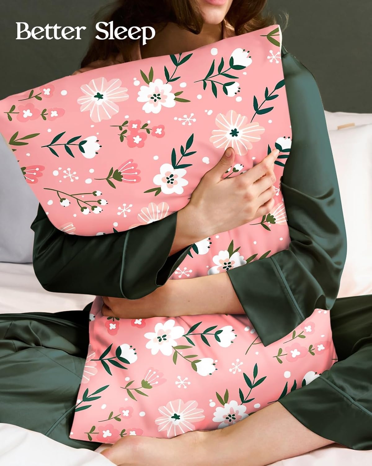 image:imageMiss Adola 2 Pack Silk Pillowcases Standard Size 20 x 26 Inch Silky Pillow Cases for Hair and Skin Soft Smooth Cooling Aesthetic Bed Sleeping Pillow Covers with Zipper for Women Green ArtPk White Flowers