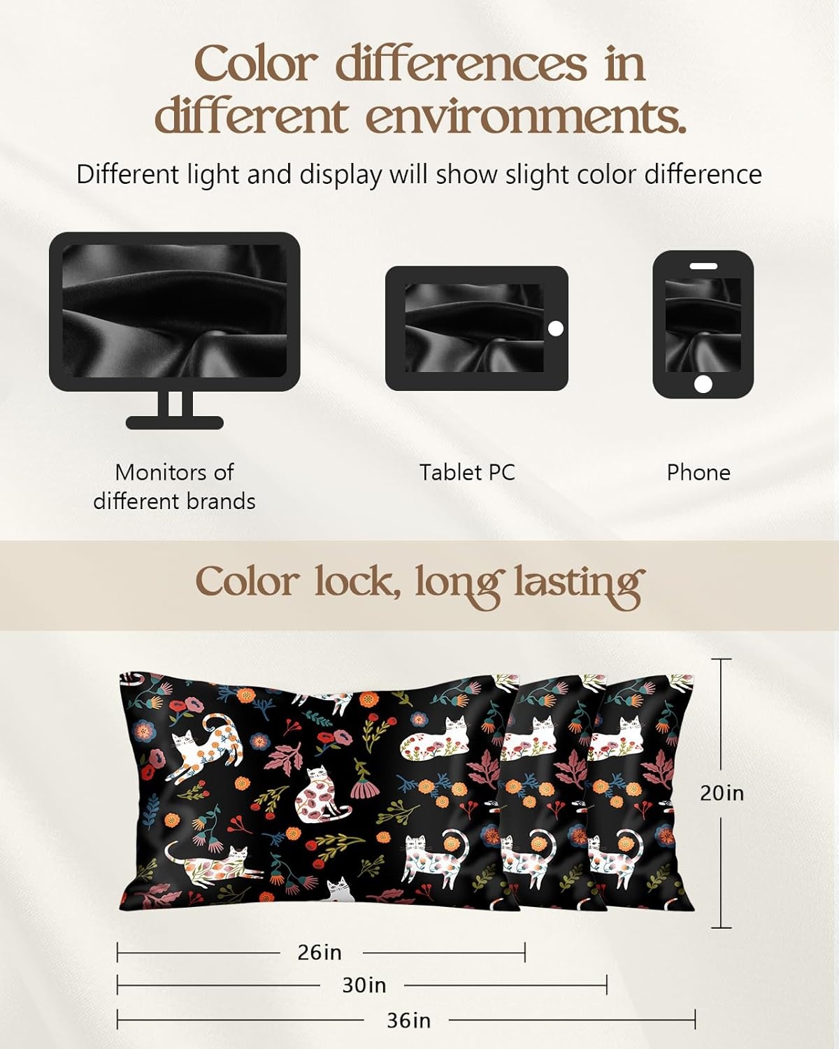 image:imageMiss Adola 2 Pack Silk Pillowcases Standard Size 20 x 26 Inch Silky Pillow Cases for Hair and Skin Soft Smooth Cooling Aesthetic Bed Sleeping Pillow Covers with Zipper for Women Green ArtBlack Flower Cats
