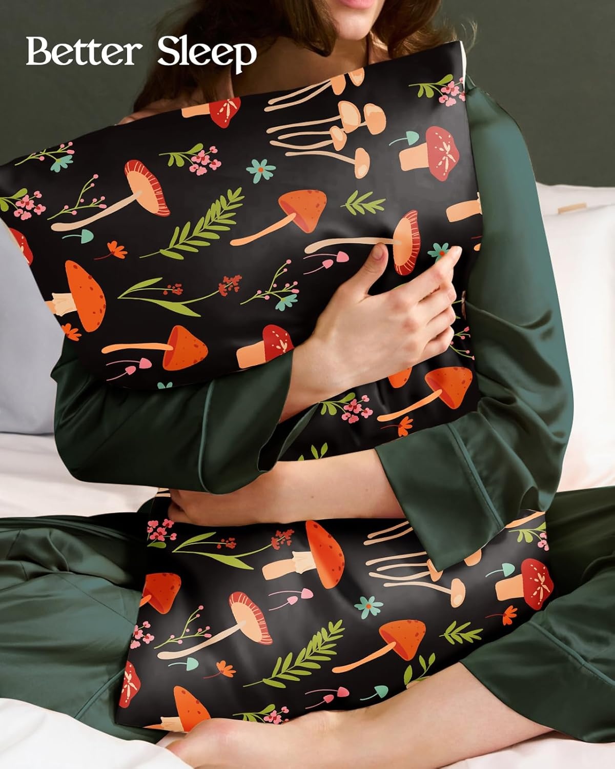 image:imageMiss Adola 2 Pack Silk Pillowcases Standard Size 20 x 26 Inch Silky Pillow Cases for Hair and Skin Soft Smooth Cooling Aesthetic Bed Sleeping Pillow Covers with Zipper for Women Green ArtMushroom Flowers