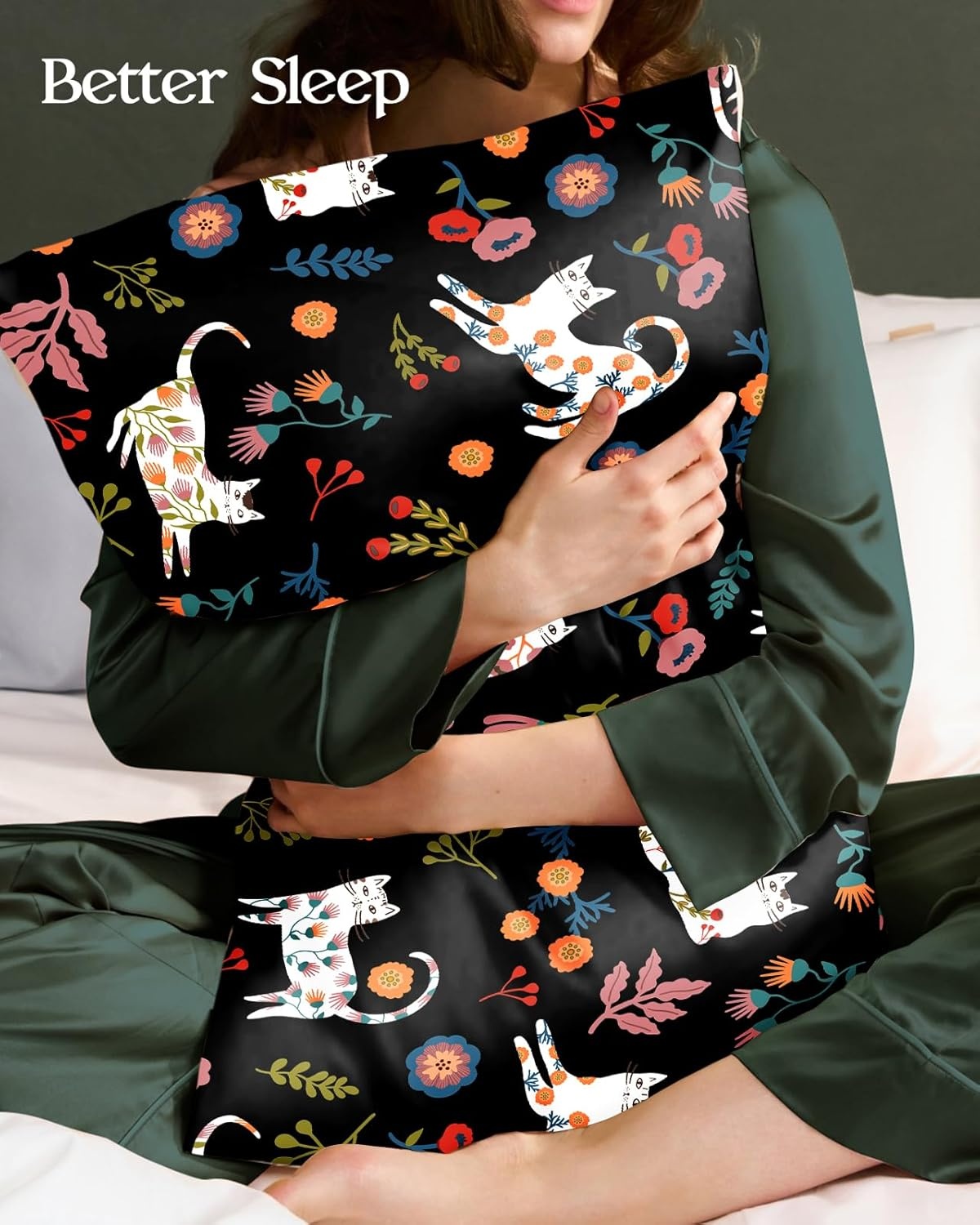 image:imageMiss Adola 2 Pack Silk Pillowcases Standard Size 20 x 26 Inch Silky Pillow Cases for Hair and Skin Soft Smooth Cooling Aesthetic Bed Sleeping Pillow Covers with Zipper for Women Green ArtBlack Flower Cats