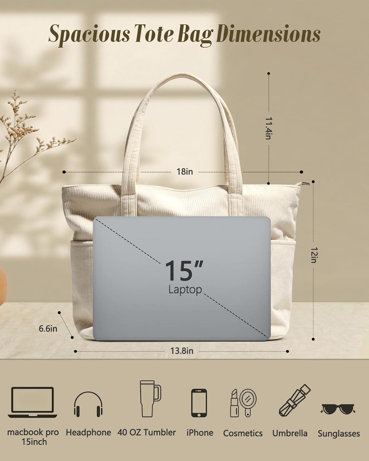 image:imageMiss Adola Aesthetic Corduroy Tote Bag Large Travel Tote Bag for Women with Zipper Multi Pockets for Work Teacher NurseBeige