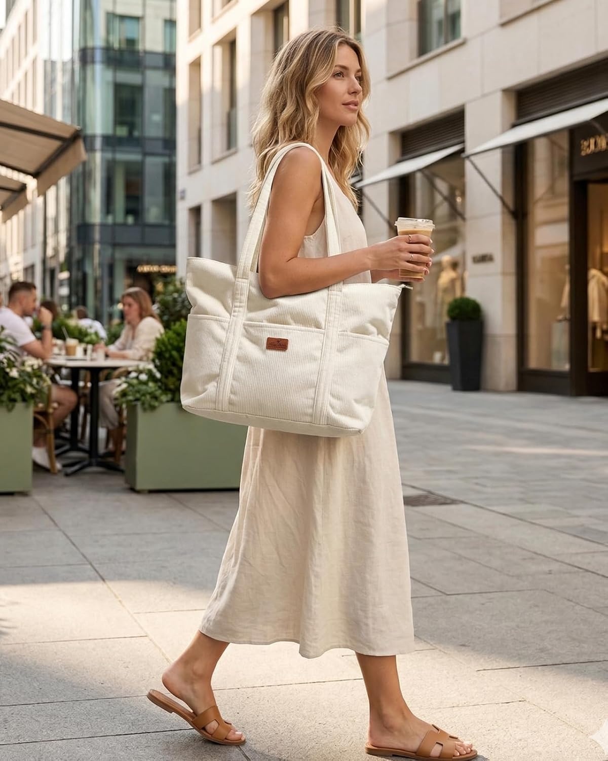 image:imageMiss Adola Aesthetic Corduroy Tote Bag Large Travel Tote Bag for Women with Zipper Multi Pockets for Work Teacher NurseBeige
