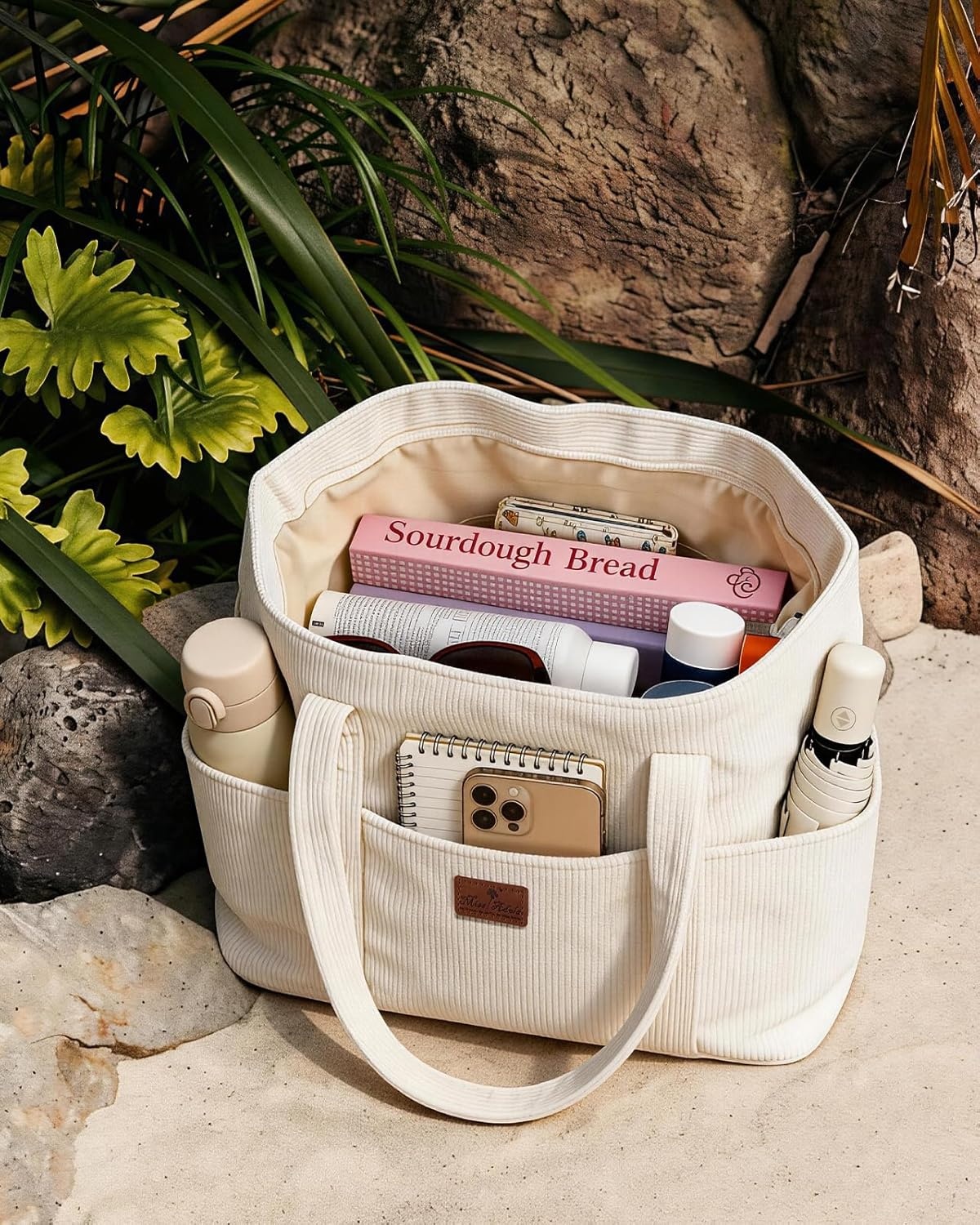 image:imageMiss Adola Aesthetic Corduroy Tote Bag Large Travel Tote Bag for Women with Zipper Multi Pockets for Work Teacher NurseBeige