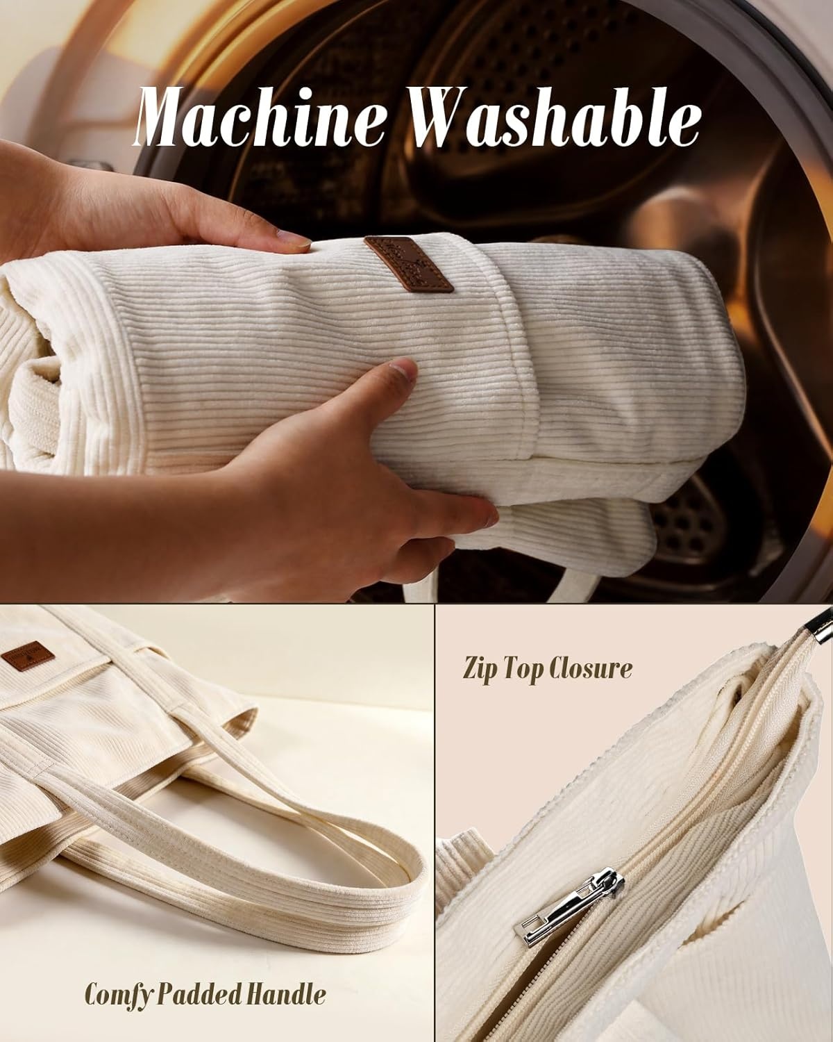 image:imageMiss Adola Aesthetic Corduroy Tote Bag Large Travel Tote Bag for Women with Zipper Multi Pockets for Work Teacher NurseBeige