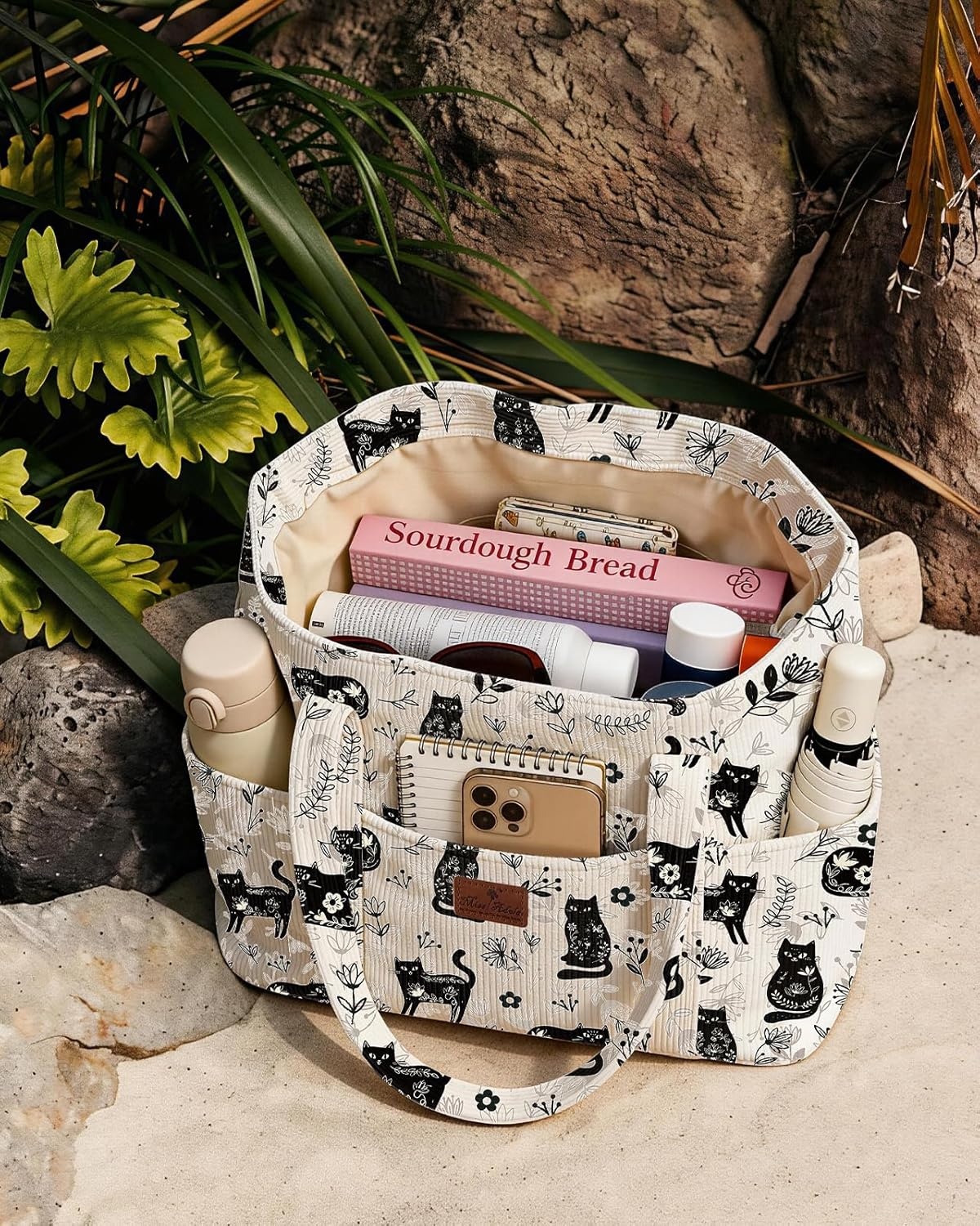 image:imageMiss Adola Aesthetic Corduroy Tote Bag Large Travel Tote Bag for Women with Zipper Multi Pockets for Work Teacher NurseCat