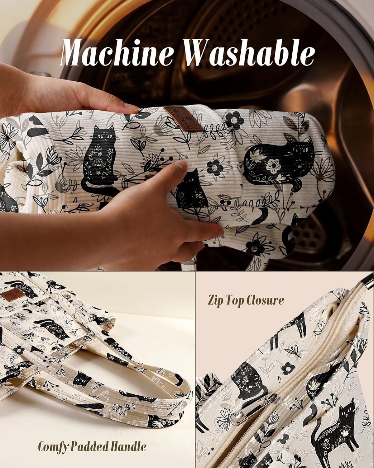 image:imageMiss Adola Aesthetic Corduroy Tote Bag Large Travel Tote Bag for Women with Zipper Multi Pockets for Work Teacher NurseCat