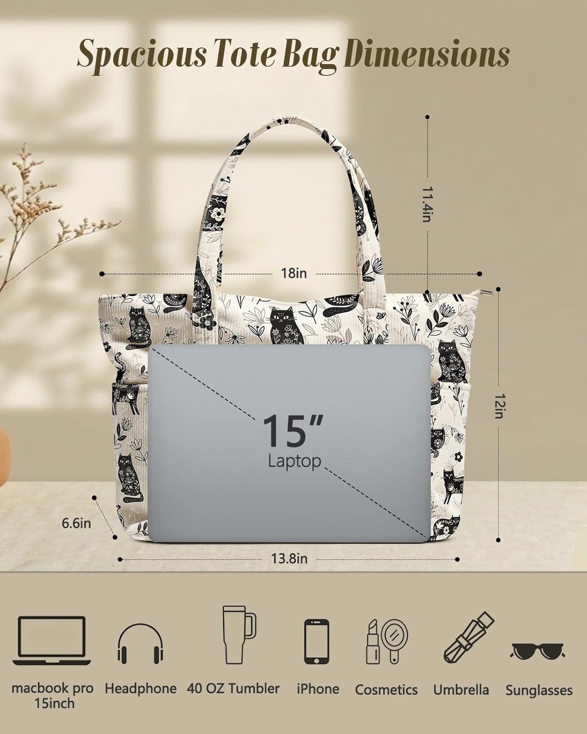 image:imageMiss Adola Aesthetic Corduroy Tote Bag Large Travel Tote Bag for Women with Zipper Multi Pockets for Work Teacher NurseCat