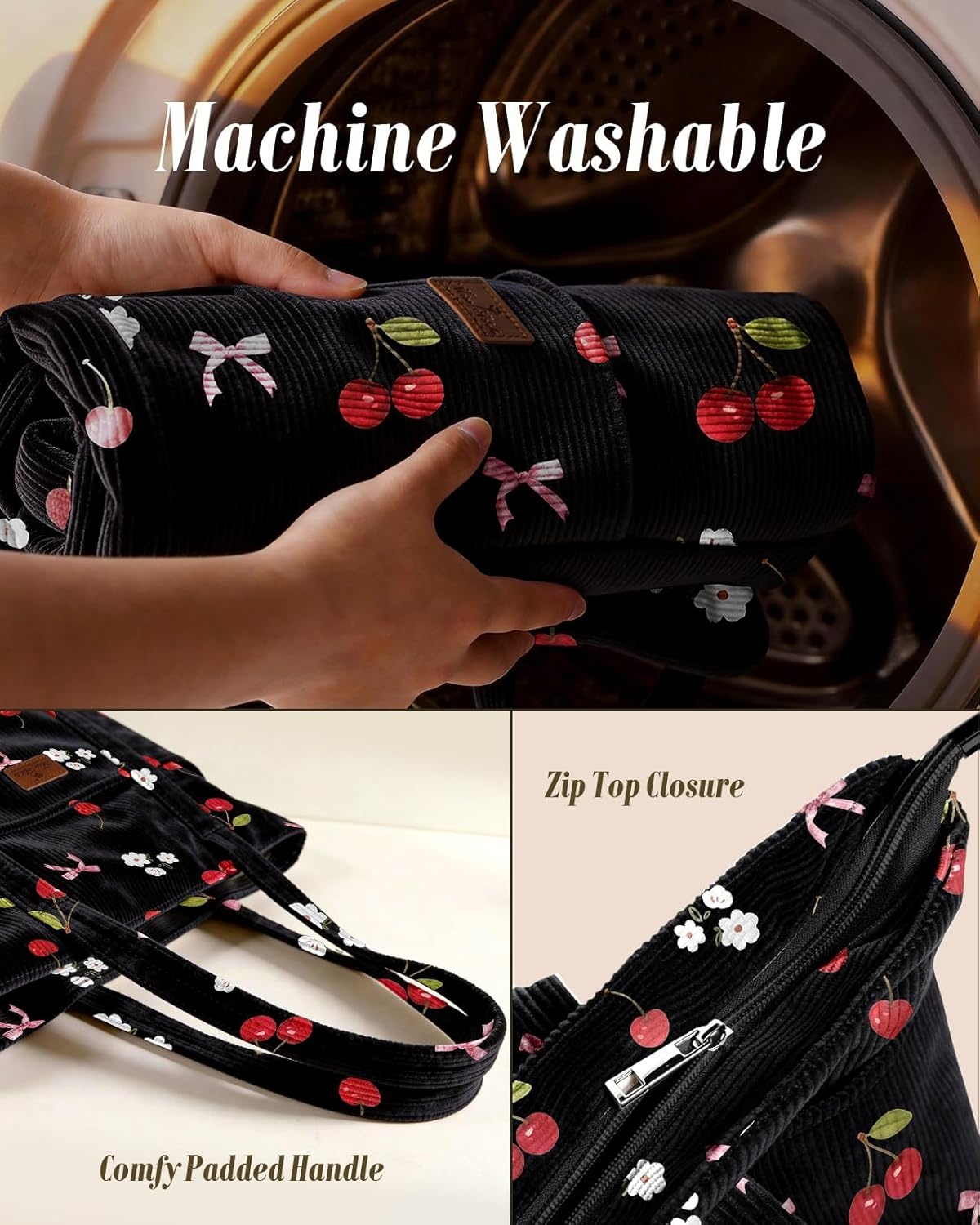 image:imageMiss Adola Aesthetic Corduroy Tote Bag Large Travel Tote Bag for Women with Zipper Multi Pockets for Work Teacher NurseCherrybow