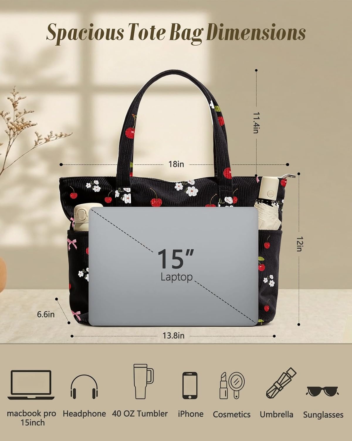 image:imageMiss Adola Aesthetic Corduroy Tote Bag Large Travel Tote Bag for Women with Zipper Multi Pockets for Work Teacher NurseCherrybow