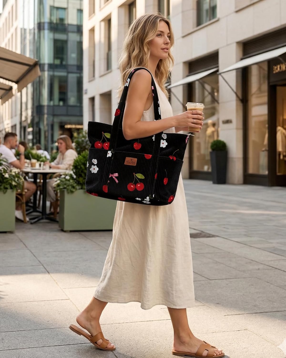 image:imageMiss Adola Aesthetic Corduroy Tote Bag Large Travel Tote Bag for Women with Zipper Multi Pockets for Work Teacher NurseCherrybow
