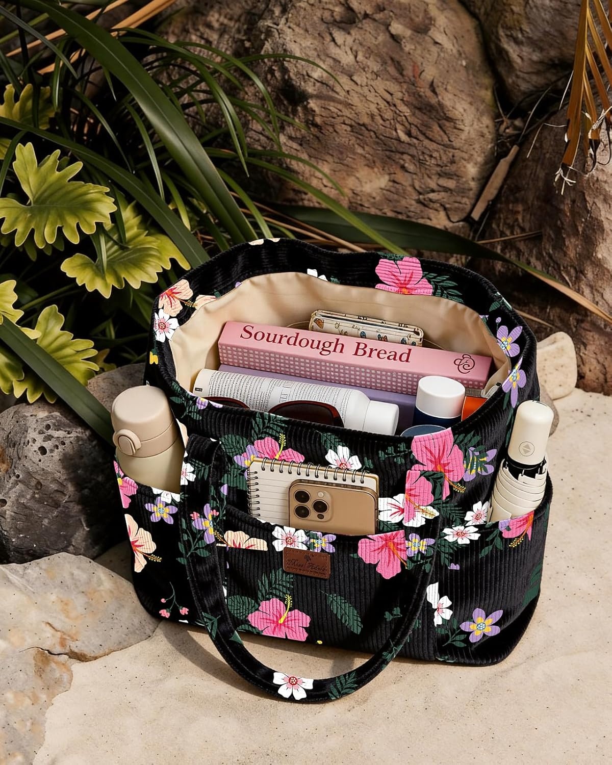 image:imageMiss Adola Aesthetic Corduroy Tote Bag Large Travel Tote Bag for Women with Zipper Multi Pockets for Work Teacher NurseHibiscus