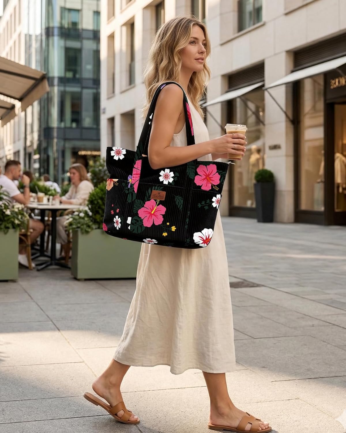 image:imageMiss Adola Aesthetic Corduroy Tote Bag Large Travel Tote Bag for Women with Zipper Multi Pockets for Work Teacher NurseHibiscus
