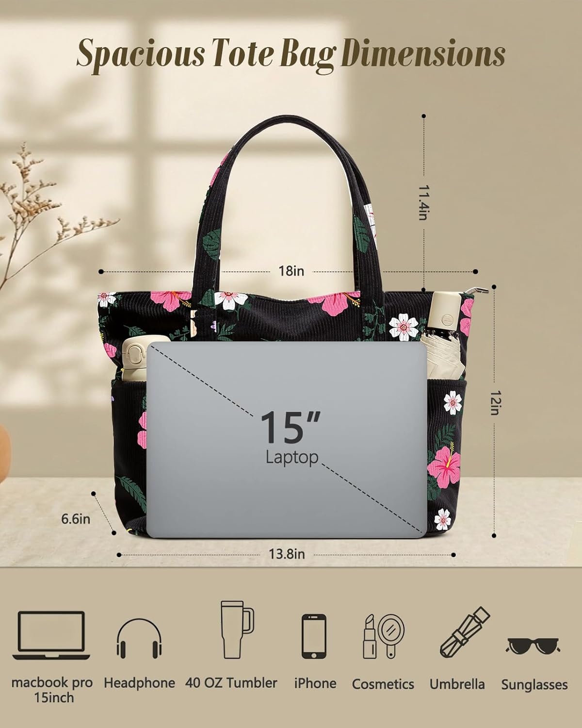 image:imageMiss Adola Aesthetic Corduroy Tote Bag Large Travel Tote Bag for Women with Zipper Multi Pockets for Work Teacher NurseHibiscus