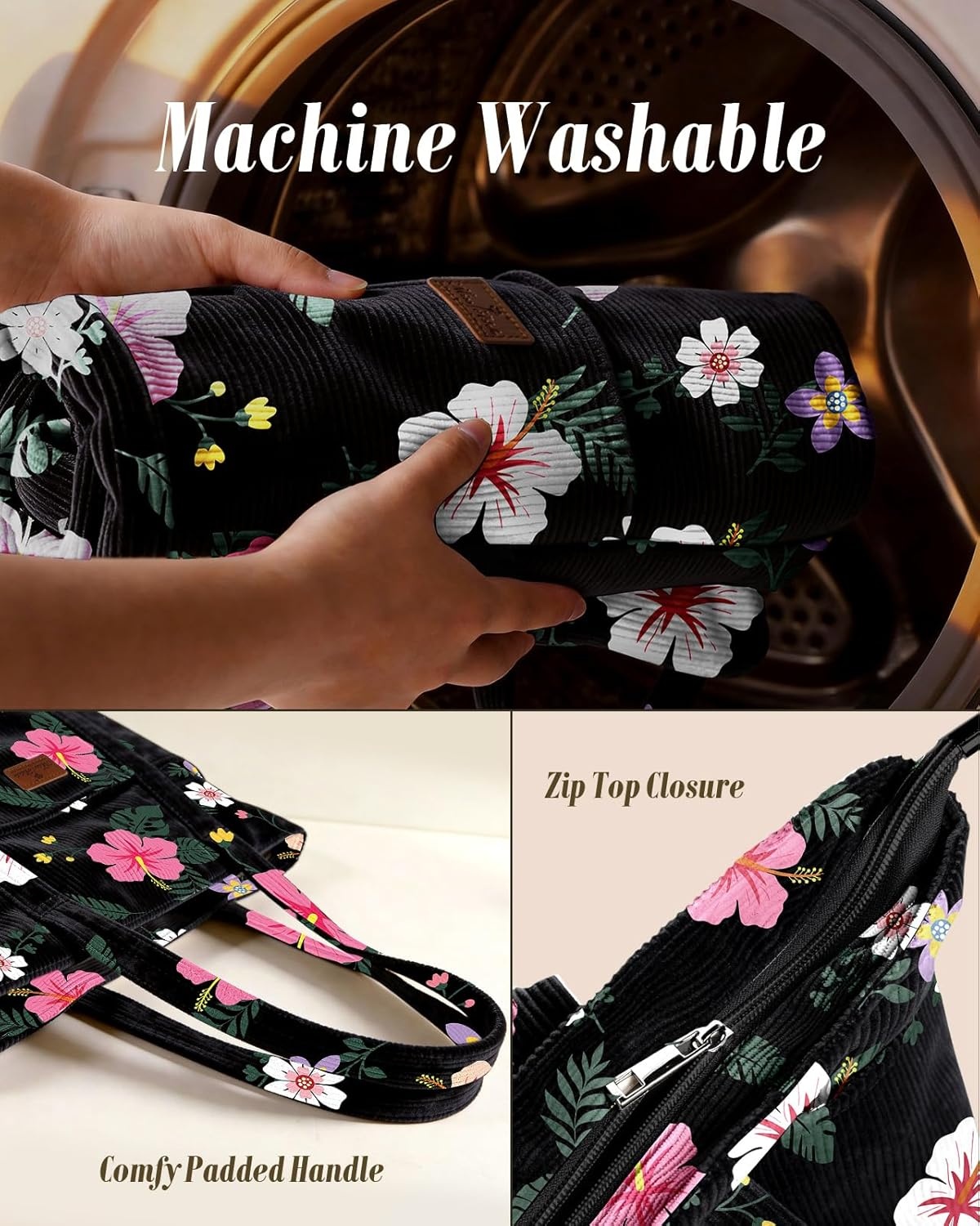 image:imageMiss Adola Aesthetic Corduroy Tote Bag Large Travel Tote Bag for Women with Zipper Multi Pockets for Work Teacher NurseHibiscus