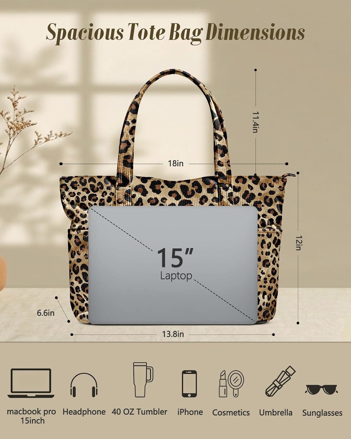 image:imageMiss Adola Aesthetic Corduroy Tote Bag Large Travel Tote Bag for Women with Zipper Multi Pockets for Work Teacher NurseLeopard