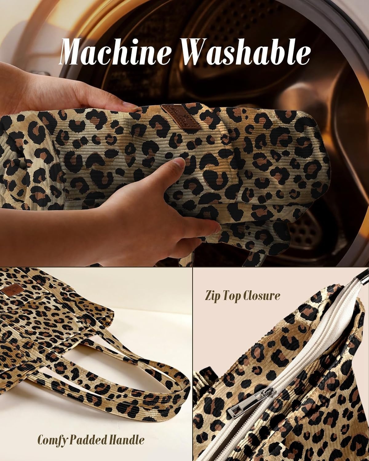 image:imageMiss Adola Aesthetic Corduroy Tote Bag Large Travel Tote Bag for Women with Zipper Multi Pockets for Work Teacher NurseLeopard