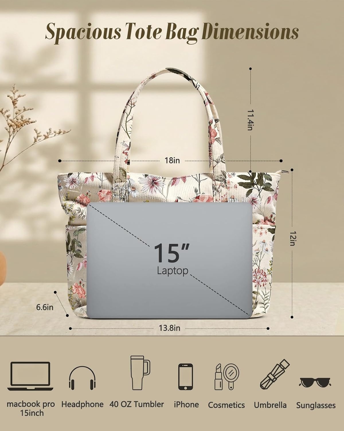 image:imageMiss Adola Aesthetic Corduroy Tote Bag Large Travel Tote Bag for Women with Zipper Multi Pockets for Work Teacher NursePink Floral