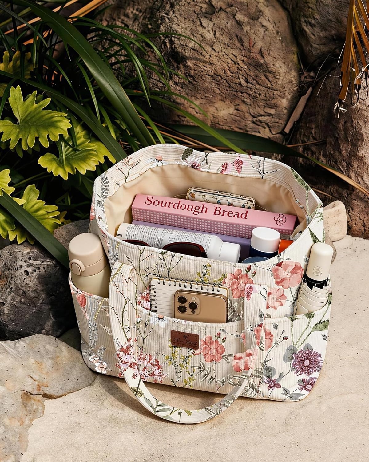 image:imageMiss Adola Aesthetic Corduroy Tote Bag Large Travel Tote Bag for Women with Zipper Multi Pockets for Work Teacher NursePink Floral