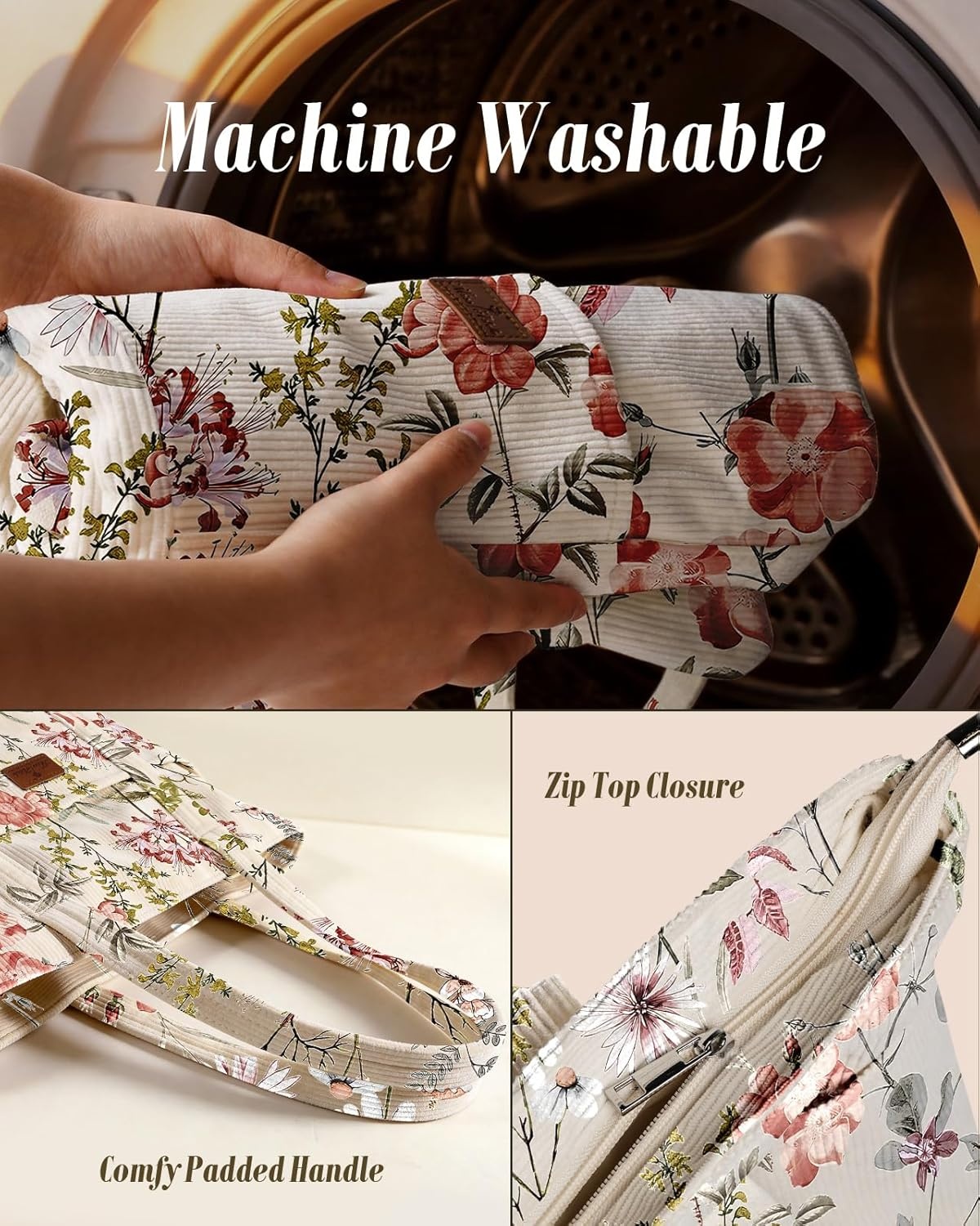 image:imageMiss Adola Aesthetic Corduroy Tote Bag Large Travel Tote Bag for Women with Zipper Multi Pockets for Work Teacher NursePink Floral