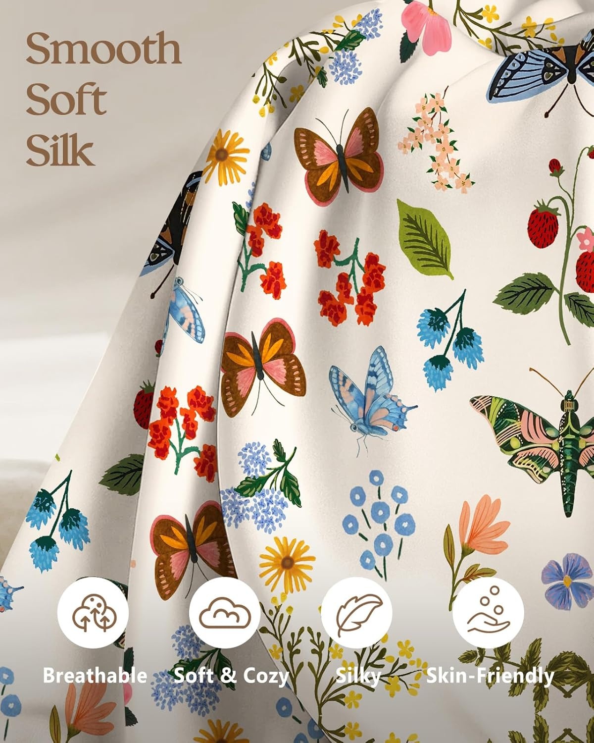 image:imageMiss Adola Silk Pillowcase 2 Pack Cute Pillow Cases 20 x 26 Standard Size Set of 2 for Hair and Skin Smooth Soft Breathable with Hidden Zipper Cooling Pillow Covers for Sleeping Mushroom BushesButterfly Leaf