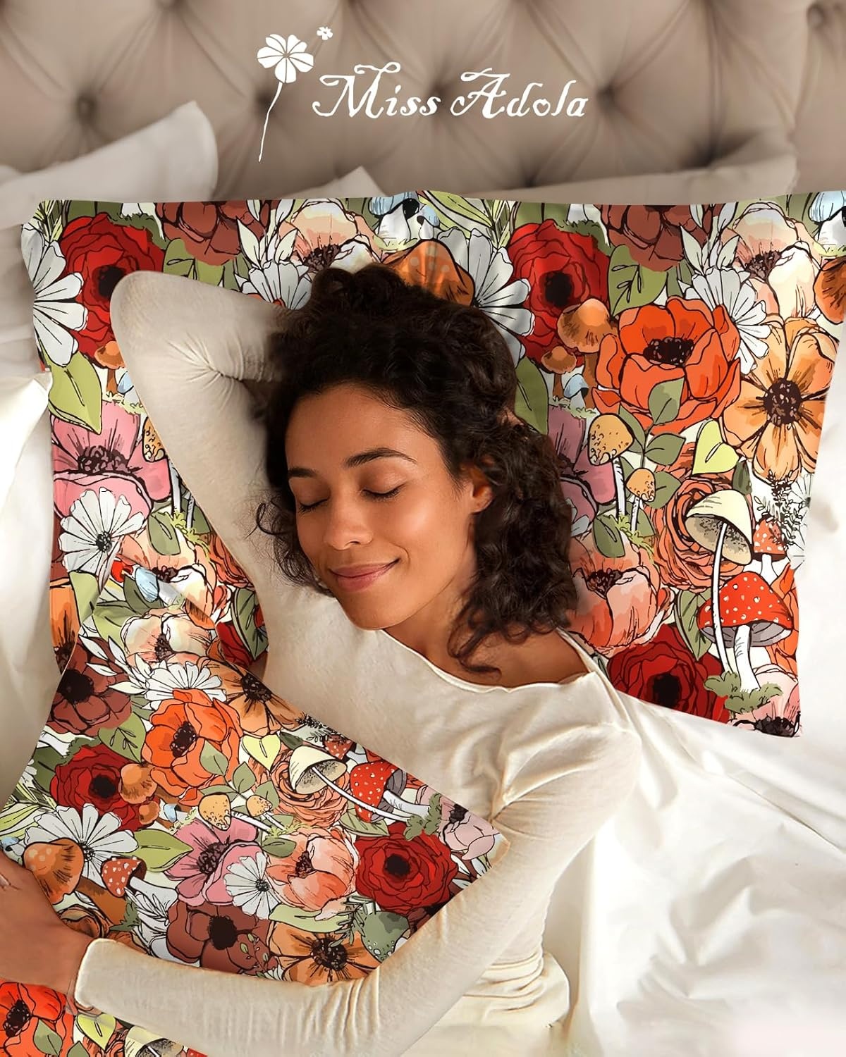 image:imageMiss Adola Silk Pillowcase 2 Pack Cute Pillow Cases 20 x 26 Standard Size Set of 2 for Hair and Skin Smooth Soft Breathable with Hidden Zipper Cooling Pillow Covers for Sleeping Mushroom BushesMushroom Bushes