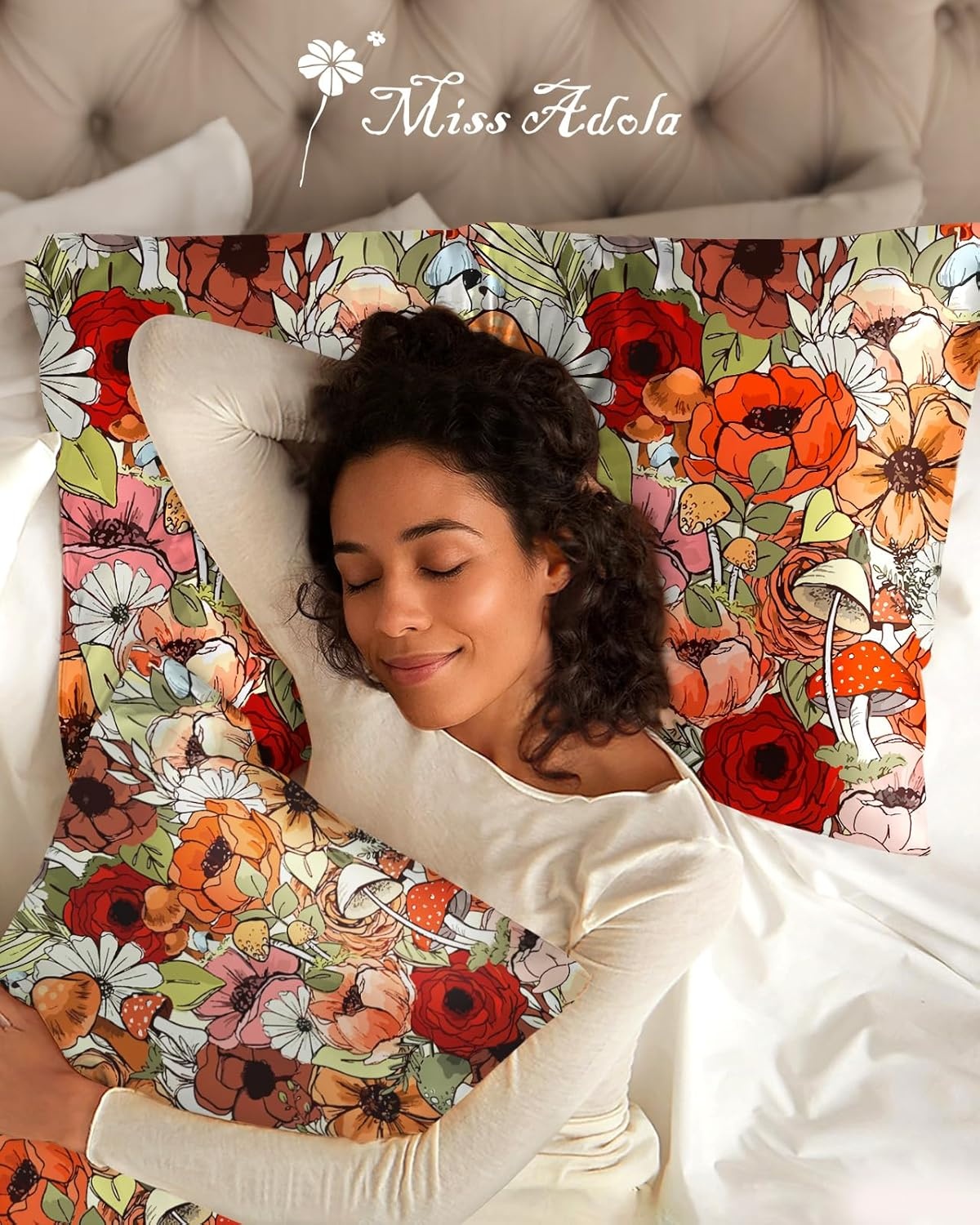 image:imageMiss Adola Silk Pillowcase 2 Pack Cute Pillow Cases 20 x 26 Standard Size Set of 2 for Hair and Skin Smooth Soft Breathable with Hidden Zipper Cooling Pillow Covers for Sleeping Mushroom BushesMushroom Bushes