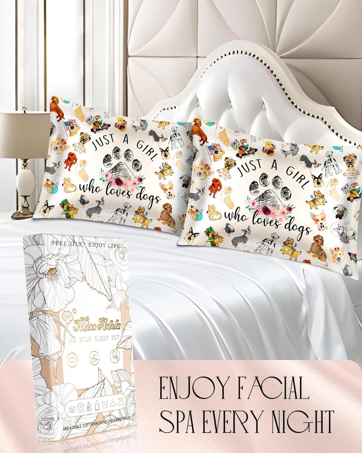 image:imageMiss Adola Silk Pillowcase 2 Pack Cute Pillow Cases 20 x 26 Standard Size Set of 2 for Hair and Skin Smooth Soft Breathable with Hidden Zipper Cooling Pillow Covers for Sleeping Mushroom BushesLittle Puppy