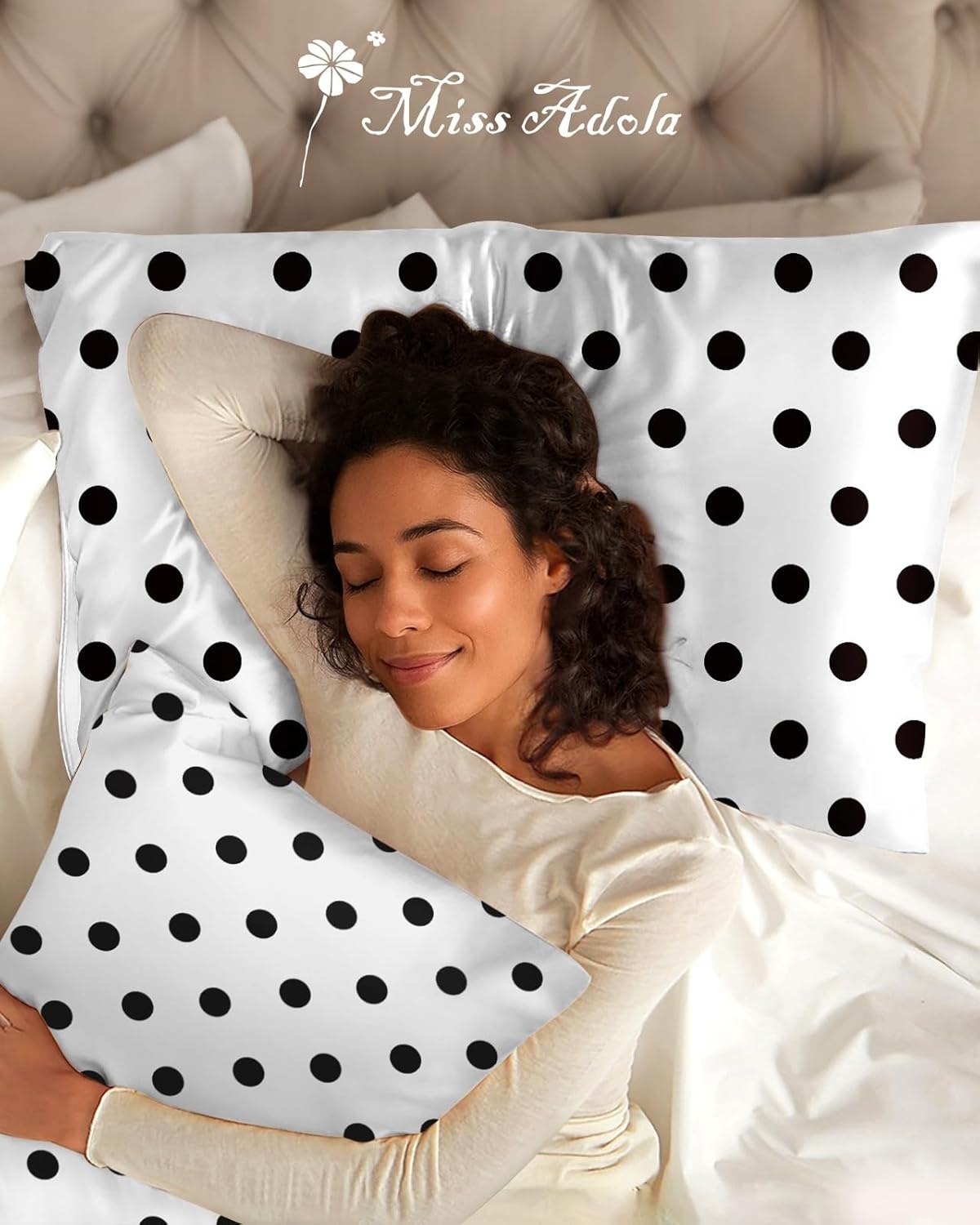 image:imageMiss Adola Silk Pillowcase 2 Pack Cute Pillow Cases 20 x 26 Standard Size Set of 2 for Hair and Skin Smooth Soft Breathable with Hidden Zipper Cooling Pillow Covers for Sleeping Mushroom BushesWhite Black Dot