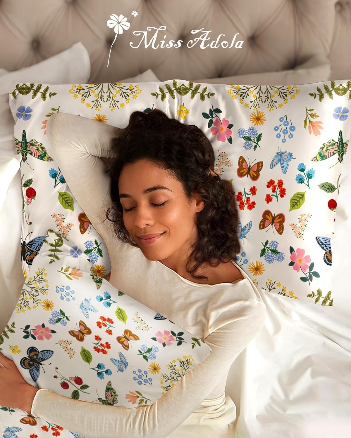 image:imageMiss Adola Silk Pillowcase 2 Pack Cute Pillow Cases 20 x 26 Standard Size Set of 2 for Hair and Skin Smooth Soft Breathable with Hidden Zipper Cooling Pillow Covers for Sleeping Mushroom BushesButterfly Leaf