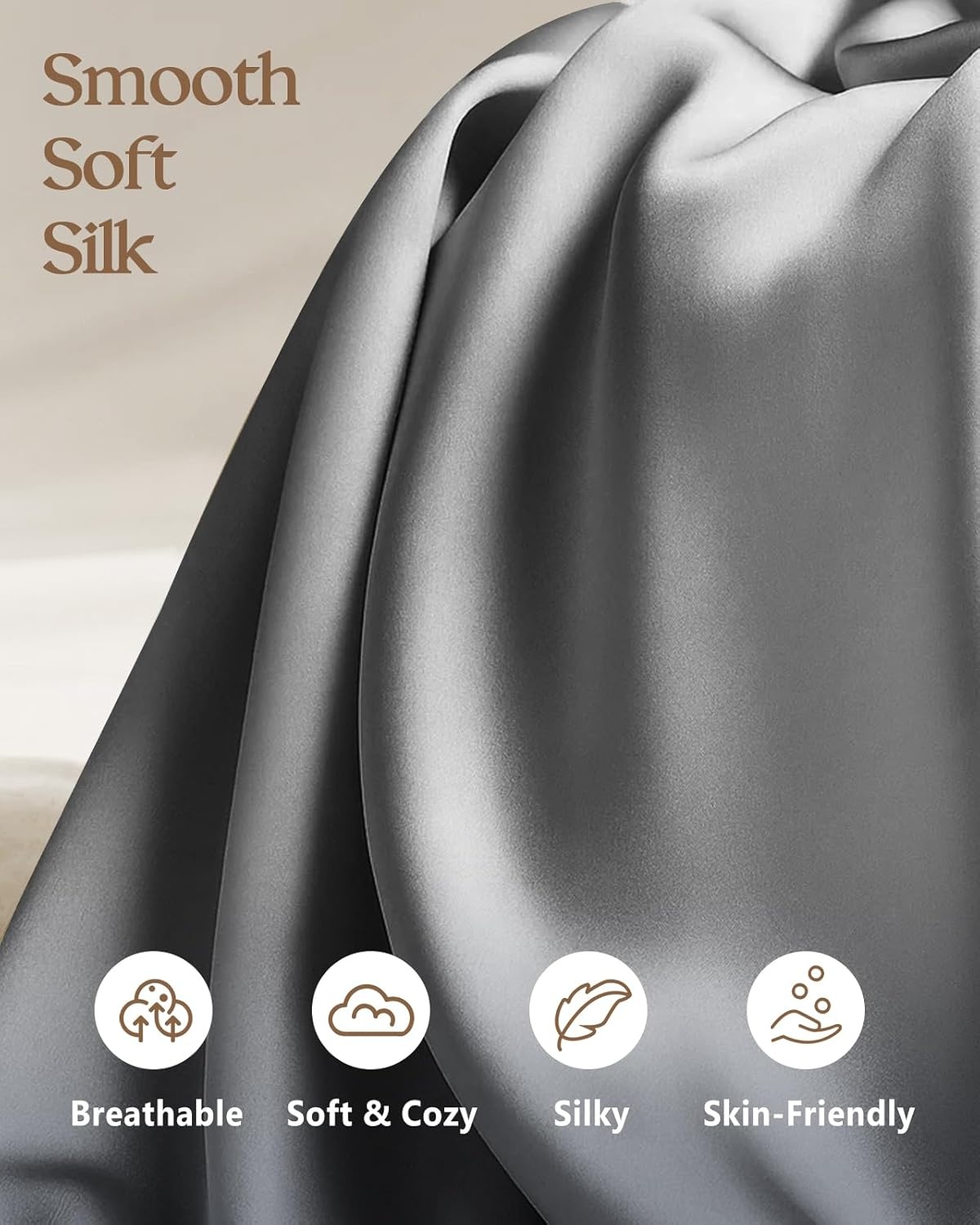 image:imageMiss Adola Silk Pillowcase 2 Pack Pillow Cases Standard Set of 2 Size 20 x 26 for Hair and Skin Smooth Soft Breathable with Hidden Zipper Cooling Pillow Covers for Sleeping Women BlackLight Grey
