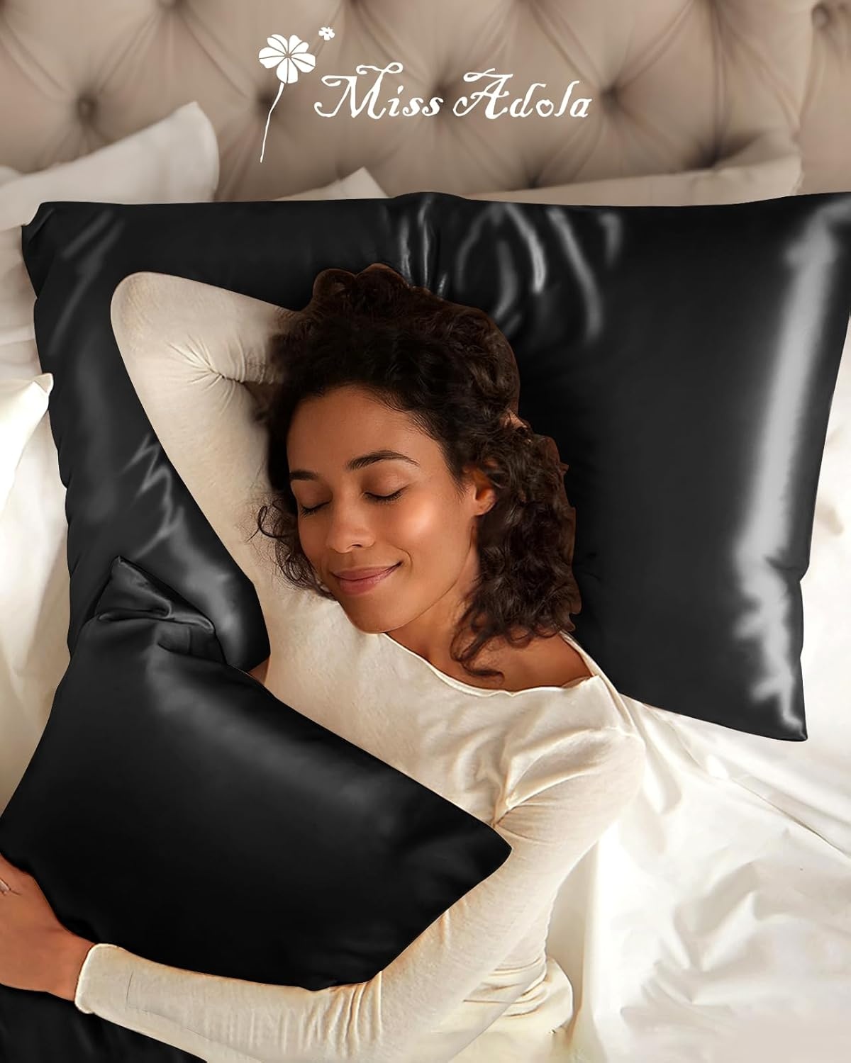 image:imageMiss Adola Silk Pillowcase 2 Pack Pillow Cases Standard Set of 2 Size 20 x 26 for Hair and Skin Smooth Soft Breathable with Hidden Zipper Cooling Pillow Covers for Sleeping Women BlackBlack