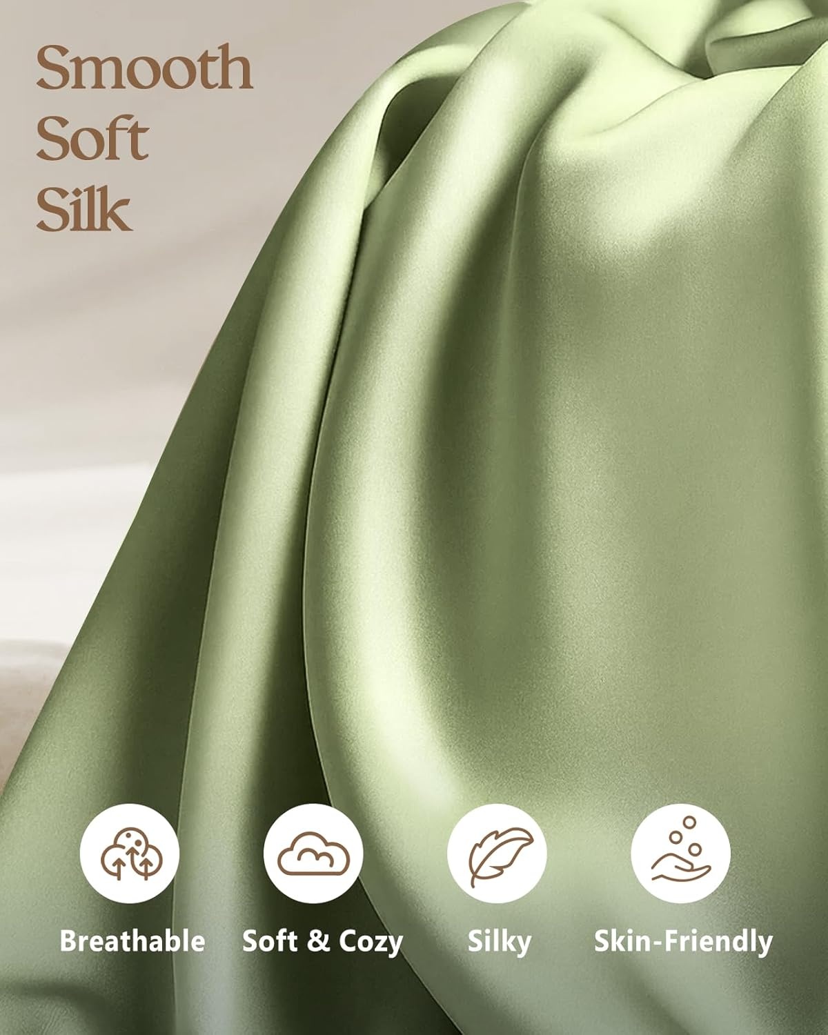 image:imageMiss Adola Silk Pillowcase 2 Pack Pillow Cases Standard Set of 2 Size 20 x 26 for Hair and Skin Smooth Soft Breathable with Hidden Zipper Cooling Pillow Covers for Sleeping Women BeigeLight Green