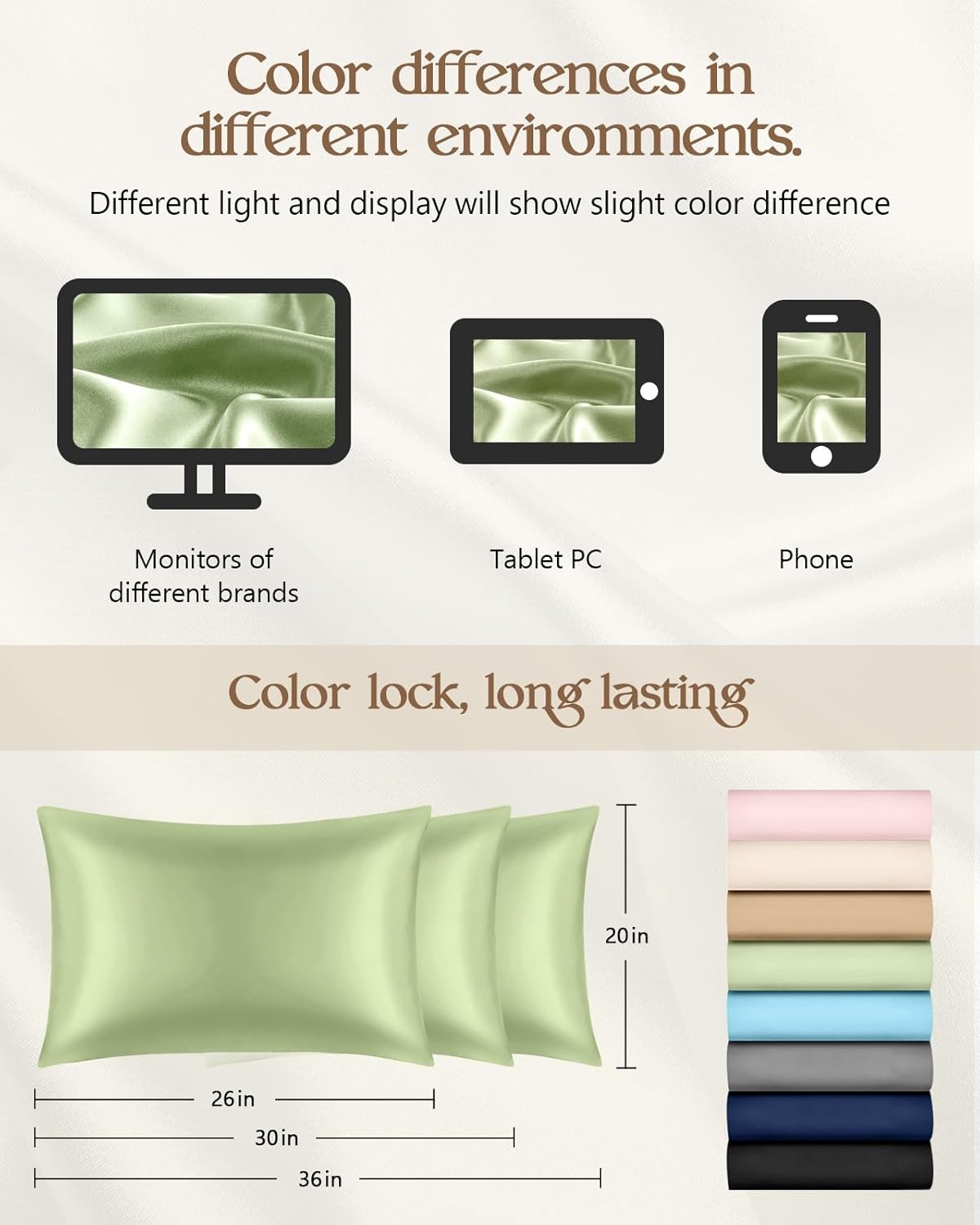 image:imageMiss Adola Silk Pillowcase 2 Pack Pillow Cases Standard Set of 2 Size 20 x 26 for Hair and Skin Smooth Soft Breathable with Hidden Zipper Cooling Pillow Covers for Sleeping Women BeigeLight Green
