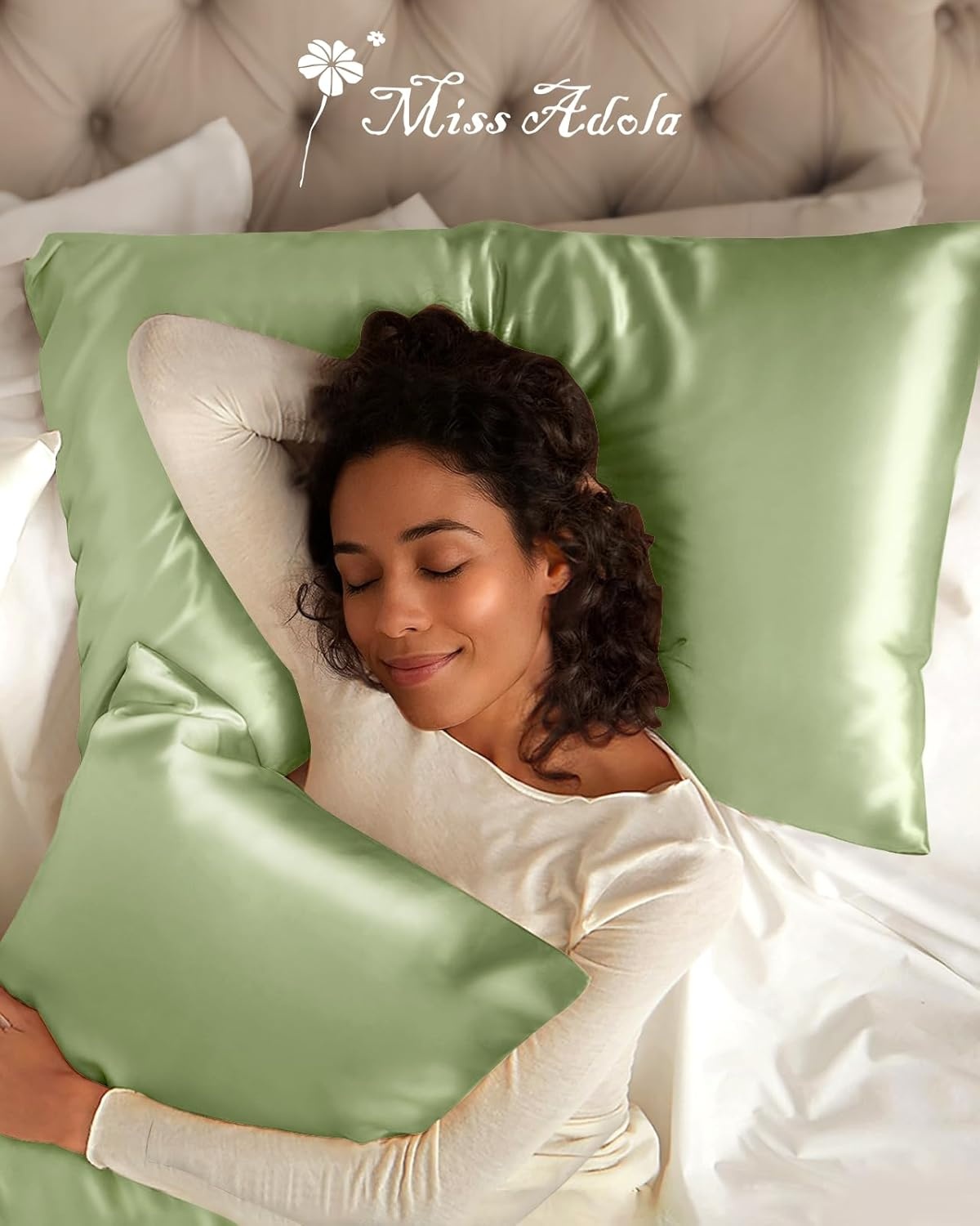 image:imageMiss Adola Silk Pillowcase 2 Pack Pillow Cases Standard Set of 2 Size 20 x 26 for Hair and Skin Smooth Soft Breathable with Hidden Zipper Cooling Pillow Covers for Sleeping Women BeigeLight Green