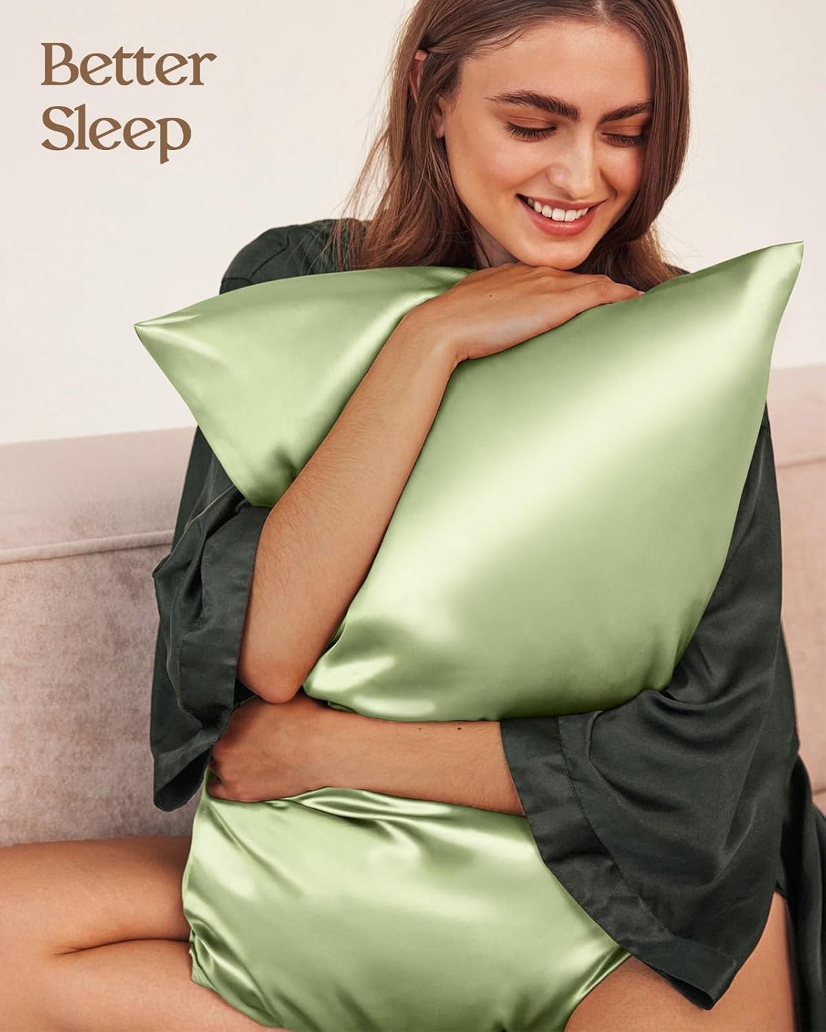 image:imageMiss Adola Silk Pillowcase 2 Pack Pillow Cases Standard Set of 2 Size 20 x 26 for Hair and Skin Smooth Soft Breathable with Hidden Zipper Cooling Pillow Covers for Sleeping Women BeigeLight Green