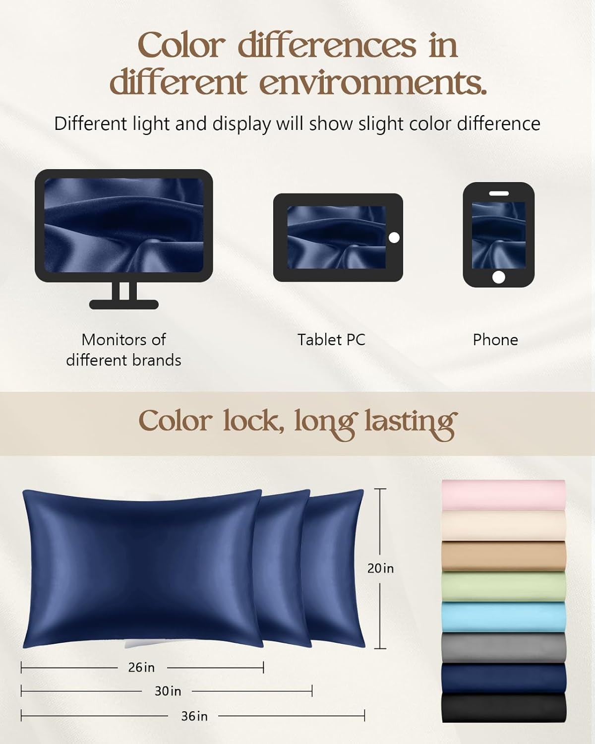 image:imageMiss Adola Silk Pillowcase 2 Pack Pillow Cases Standard Set of 2 Size 20 x 26 for Hair and Skin Smooth Soft Breathable with Hidden Zipper Cooling Pillow Covers for Sleeping Women BeigeNavy Blue