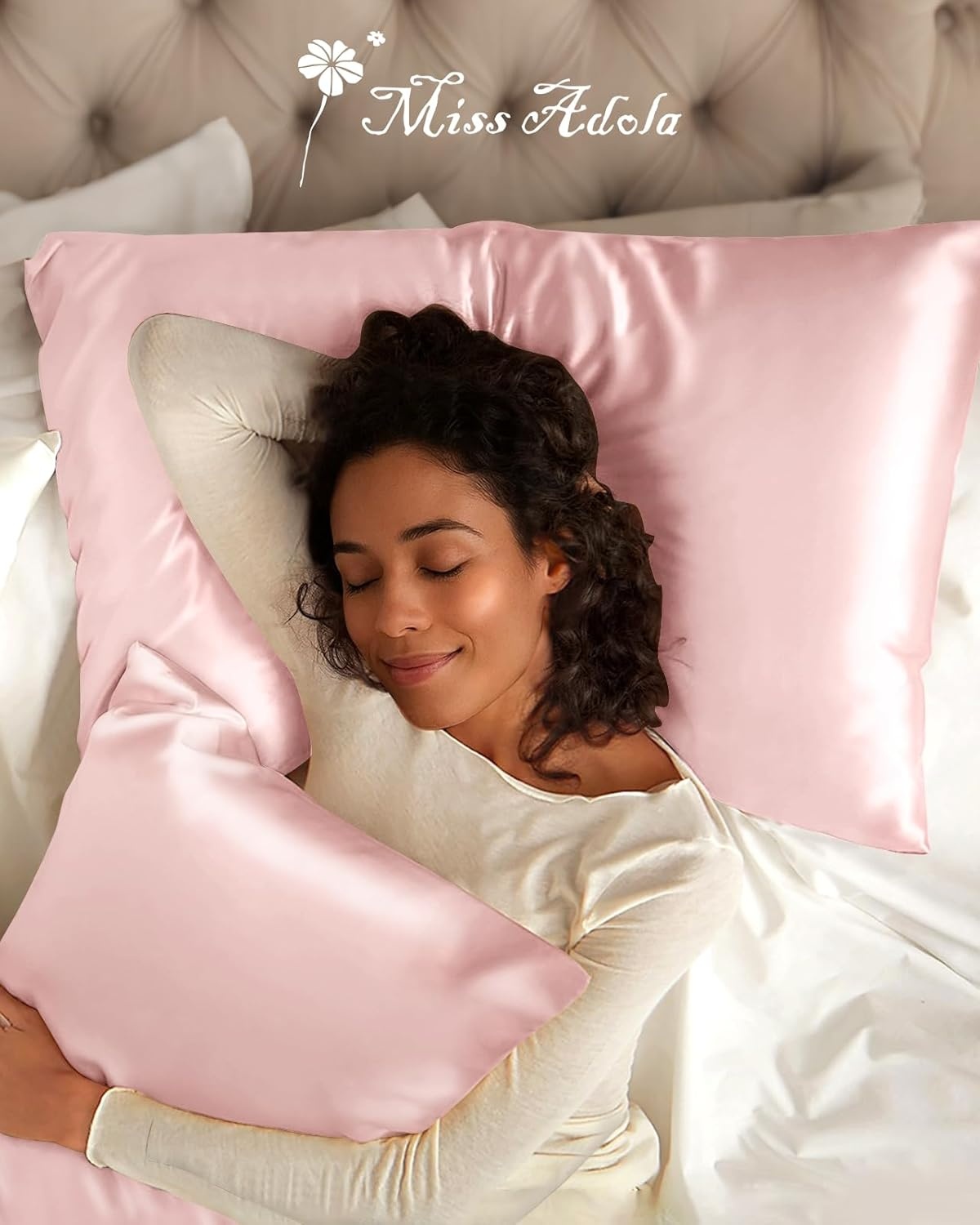 image:imageMiss Adola Silk Pillowcase 2 Pack Pillow Cases Standard Set of 2 Size 20 x 26 for Hair and Skin Smooth Soft Breathable with Hidden Zipper Cooling Pillow Covers for Sleeping Women BlackCoral Pk