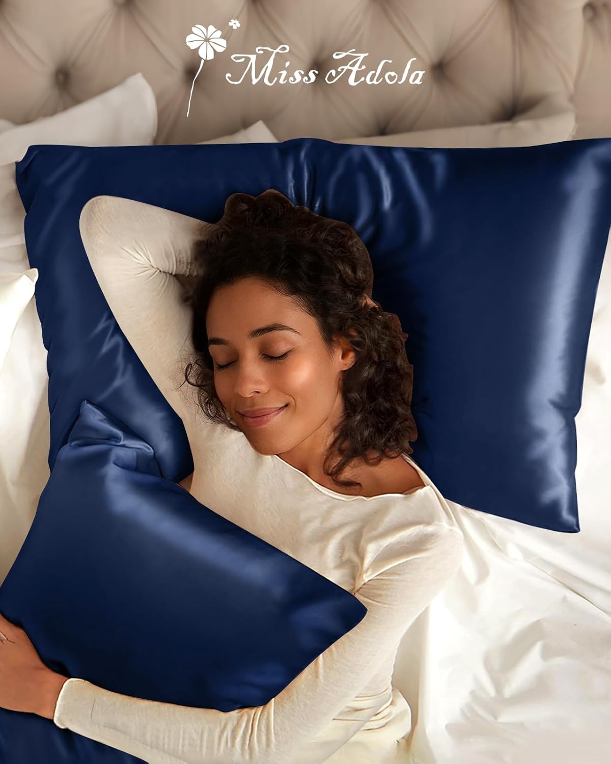 image:imageMiss Adola Silk Pillowcase 2 Pack Pillow Cases Standard Set of 2 Size 20 x 26 for Hair and Skin Smooth Soft Breathable with Hidden Zipper Cooling Pillow Covers for Sleeping Women BeigeNavy Blue