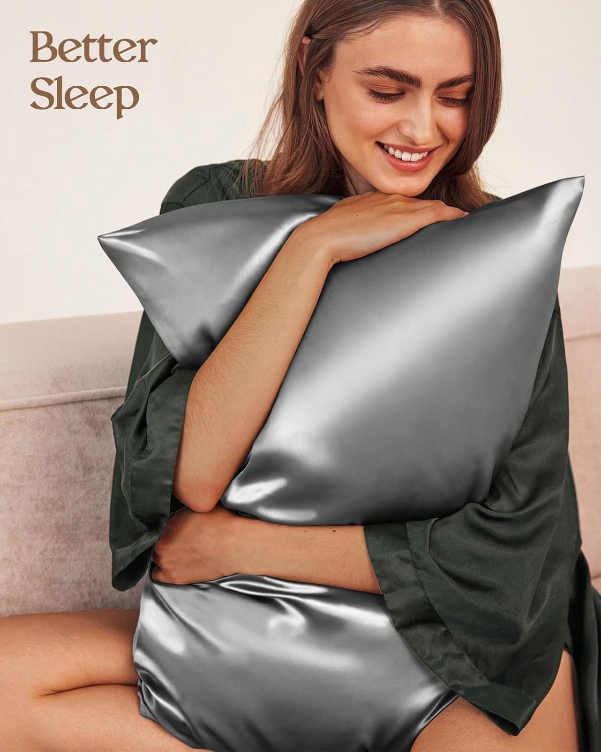 image:imageMiss Adola Silk Pillowcase 2 Pack Pillow Cases Standard Set of 2 Size 20 x 26 for Hair and Skin Smooth Soft Breathable with Hidden Zipper Cooling Pillow Covers for Sleeping Women BeigeLight Grey