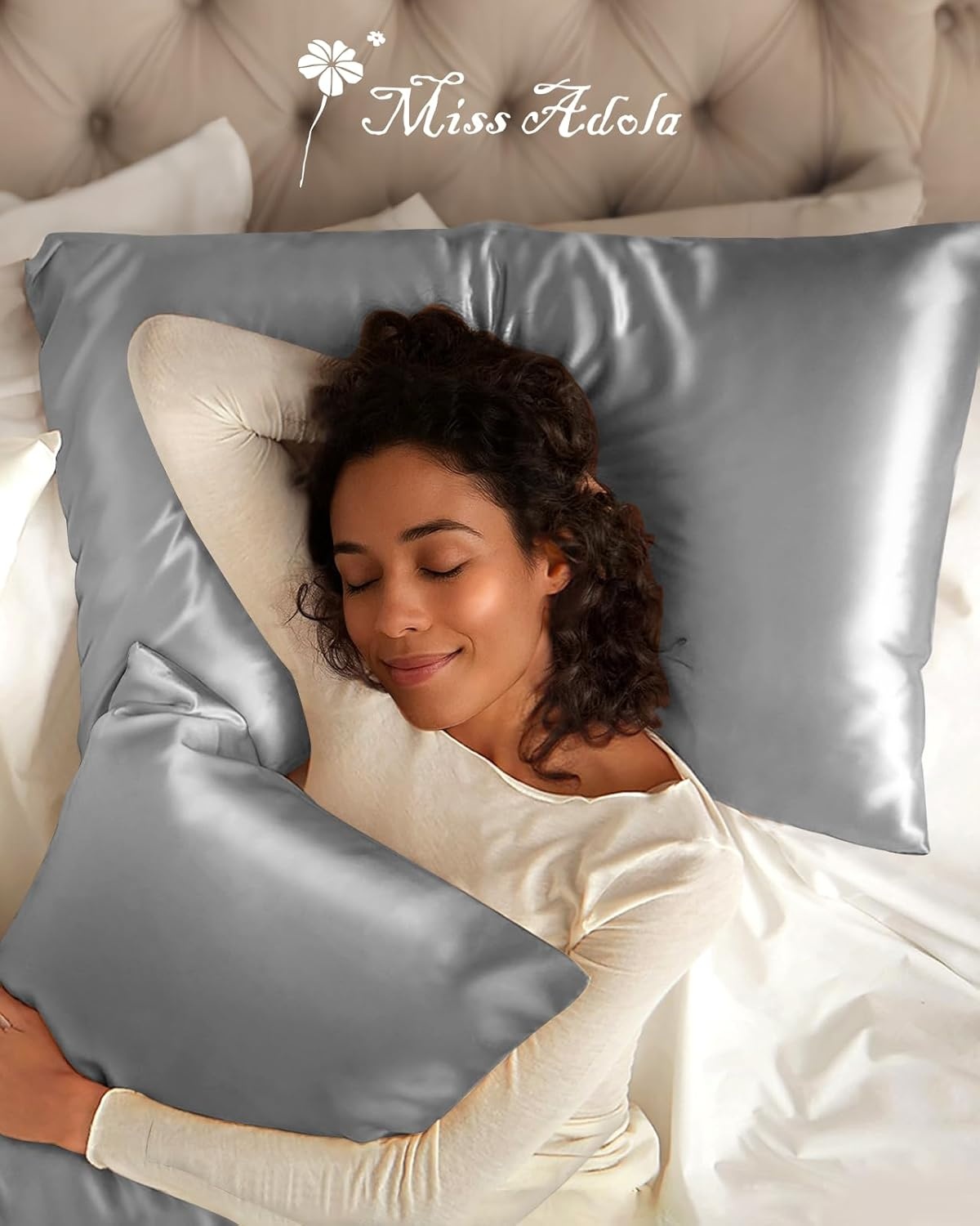 image:imageMiss Adola Silk Pillowcase 2 Pack Pillow Cases Standard Set of 2 Size 20 x 26 for Hair and Skin Smooth Soft Breathable with Hidden Zipper Cooling Pillow Covers for Sleeping Women BlackLight Grey