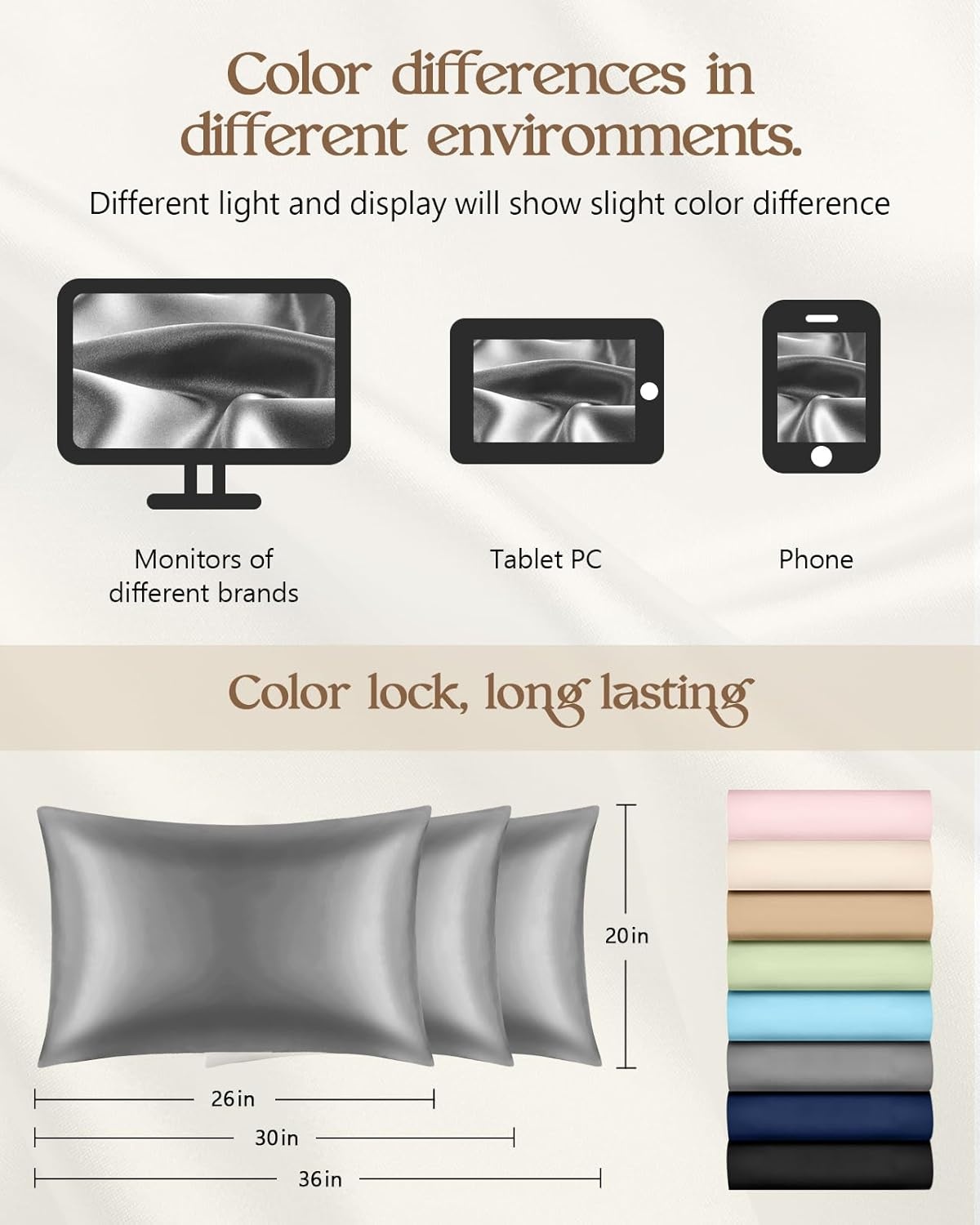 image:imageMiss Adola Silk Pillowcase 2 Pack Pillow Cases Standard Set of 2 Size 20 x 26 for Hair and Skin Smooth Soft Breathable with Hidden Zipper Cooling Pillow Covers for Sleeping Women BeigeLight Grey