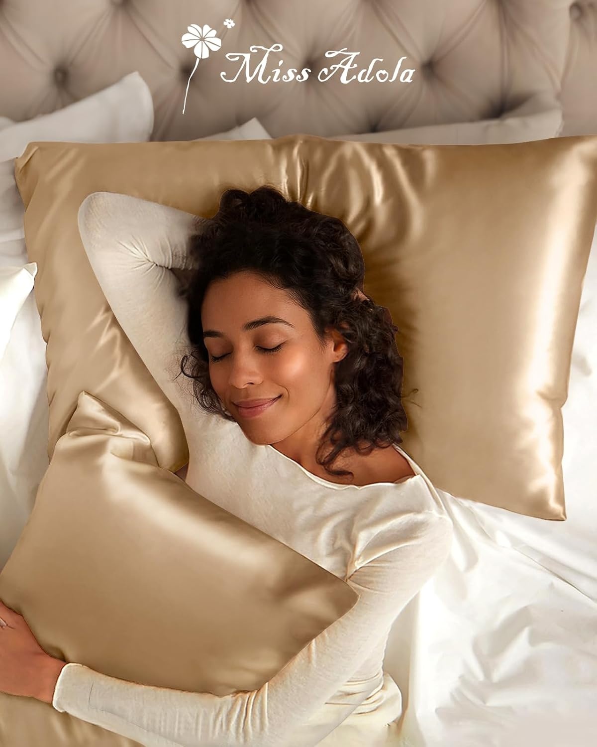 image:imageMiss Adola Silk Pillowcase 2 Pack Pillow Cases Standard Set of 2 Size 20 x 26 for Hair and Skin Smooth Soft Breathable with Hidden Zipper Cooling Pillow Covers for Sleeping Women BeigeChampagne