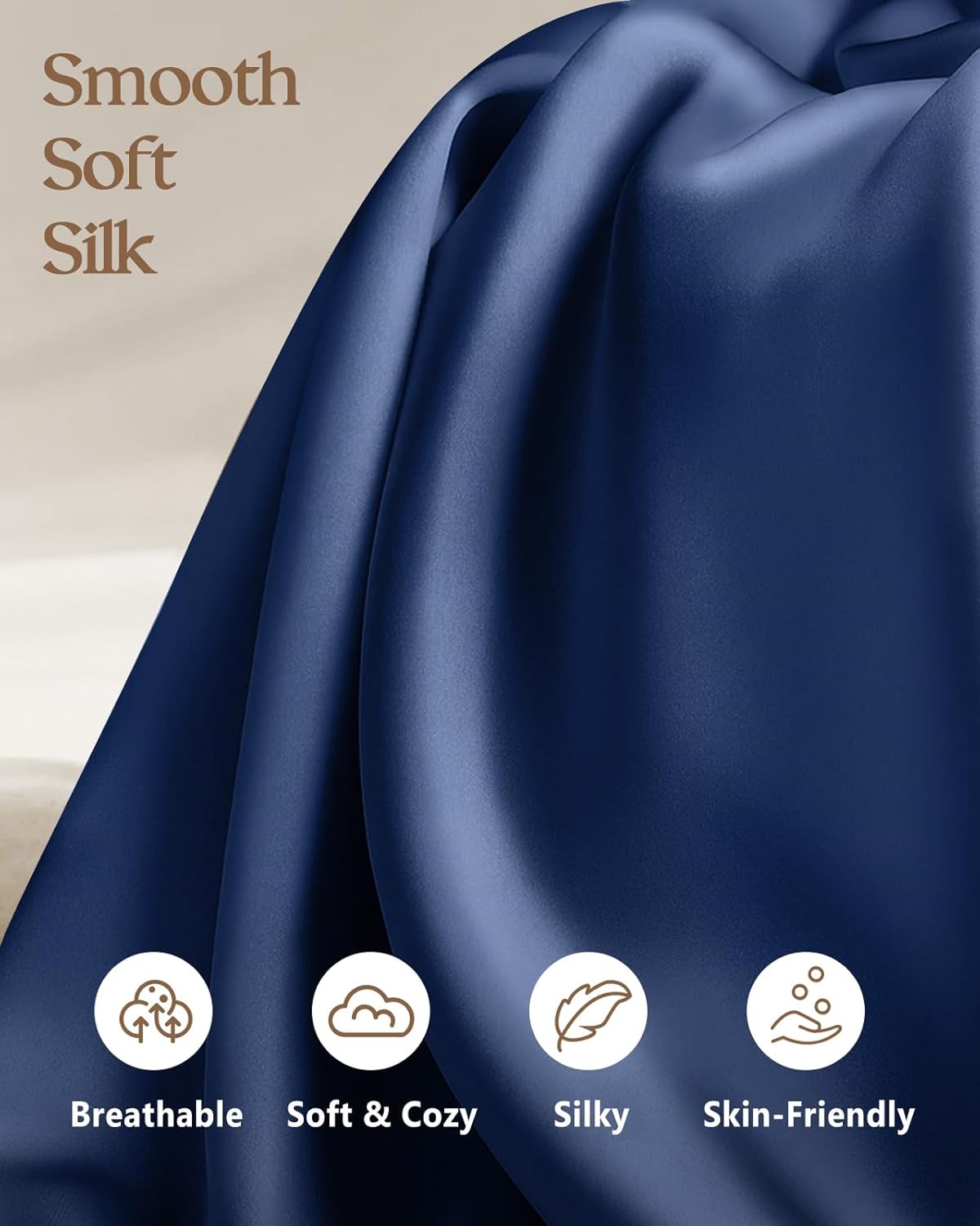 image:imageMiss Adola Silk Pillowcase 2 Pack Pillow Cases Standard Set of 2 Size 20 x 26 for Hair and Skin Smooth Soft Breathable with Hidden Zipper Cooling Pillow Covers for Sleeping Women BeigeNavy Blue